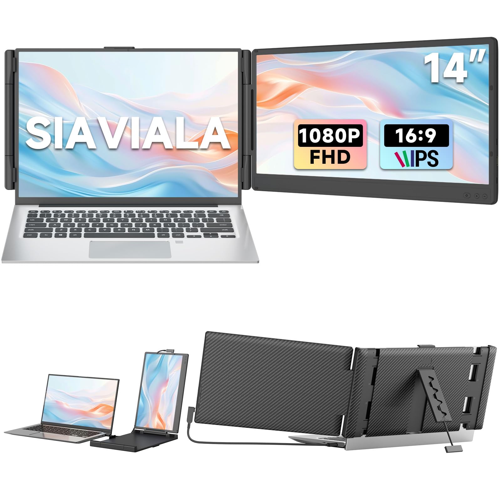 siaviala Monitor Portatile, 14” FHD 1080P IPS Doppio Schermo PC Portatile, Schermo Portatile per Laptops 13-17.3", Plug & Play Dual Schermate per Windows/Mac/Android/PS5 con porta USB C/HDMI