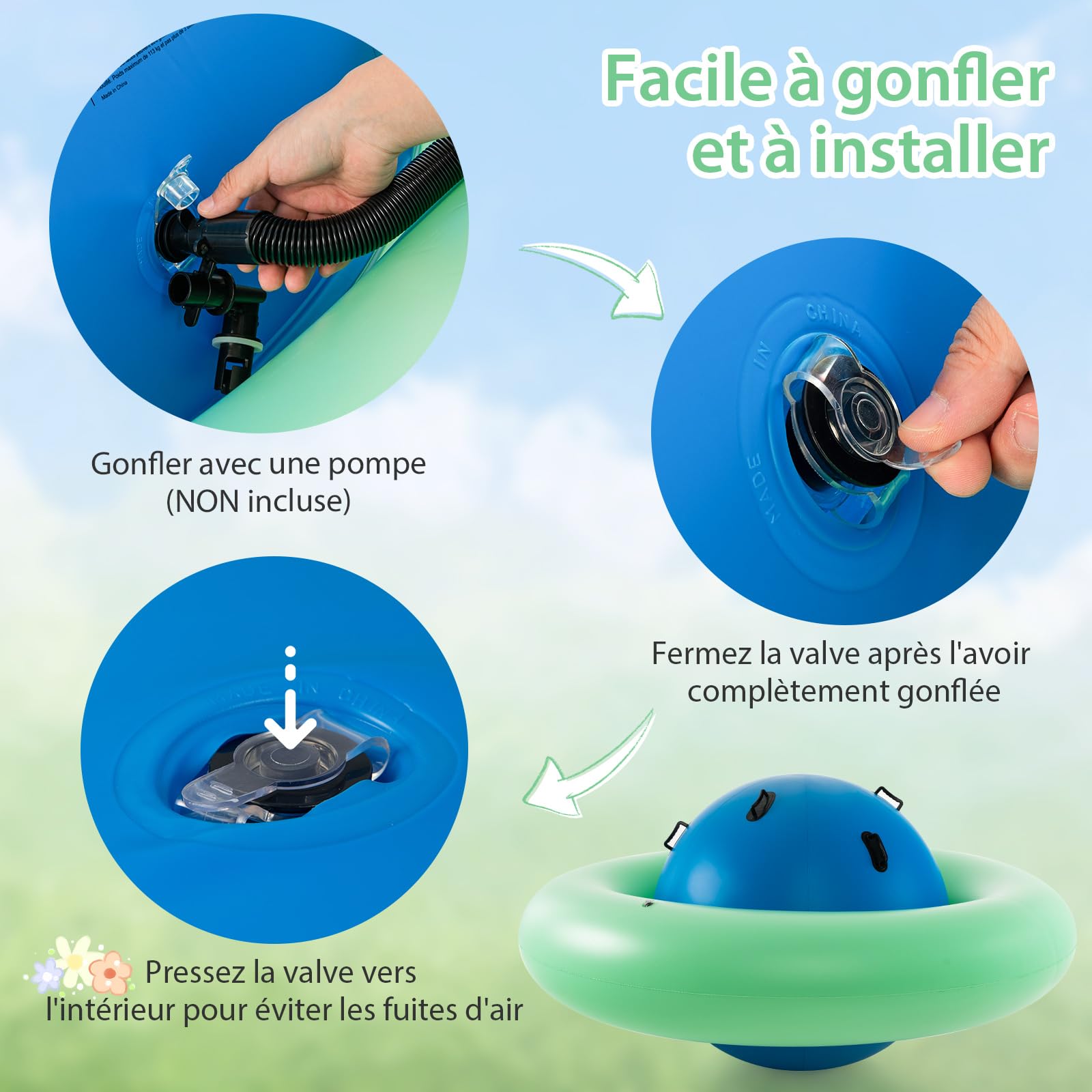 COSTWAY Balle Gonflable Enfants Ø233cm avec 6 Poignées, Château Gonfable en PVC avec Surface Élastique, Balle Rebondissante Intérieur Extérieur pour 3 Enfants de 5 Ans+, Charge 113kg (Bleu+Vert)
