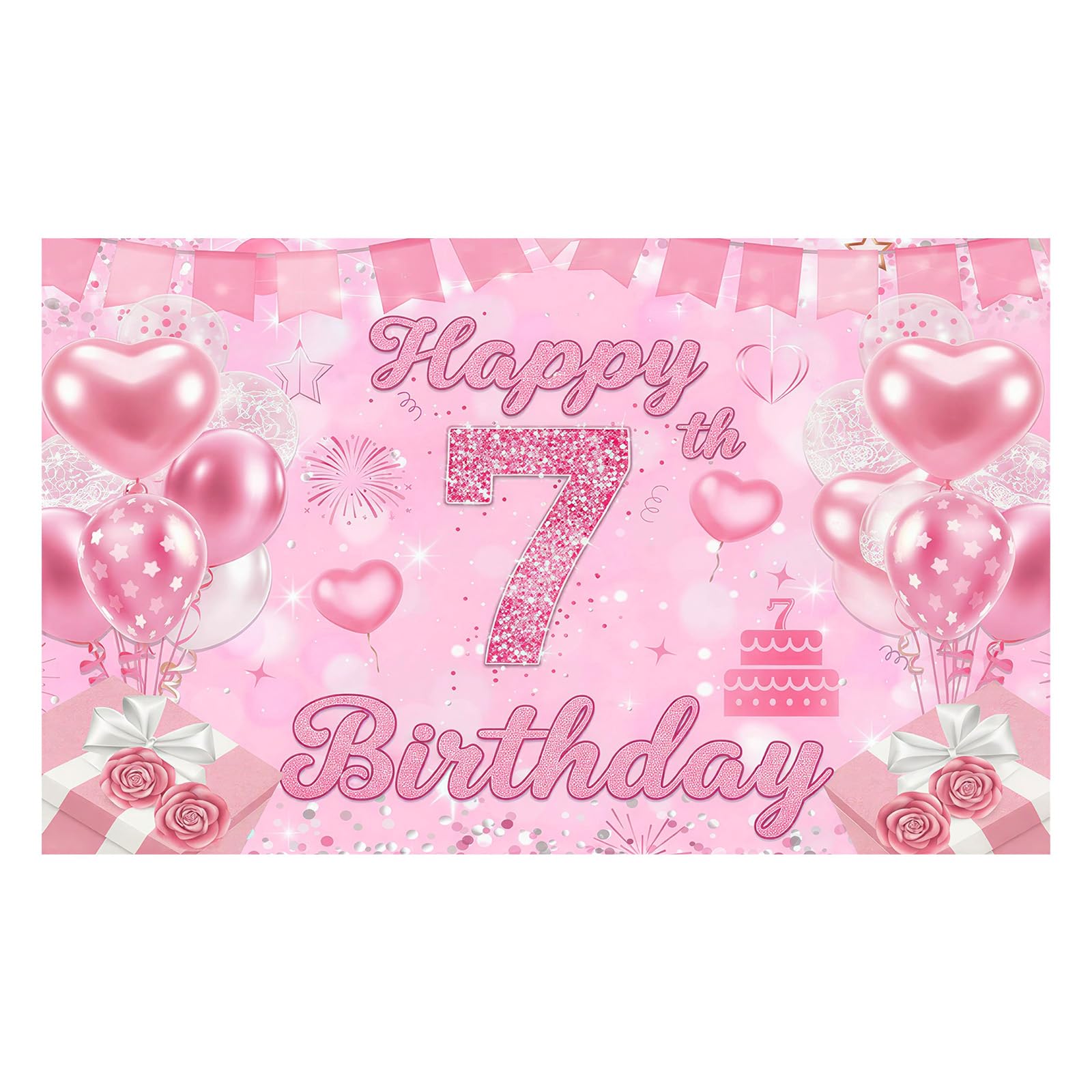 Pink Happy Birthday Banner, Polyester Birthday Girl Banner with Lovely Elements, 7th Birthday Decorations for Wall and Door Decoration, Creative Banner for Memorable 7th Birthday