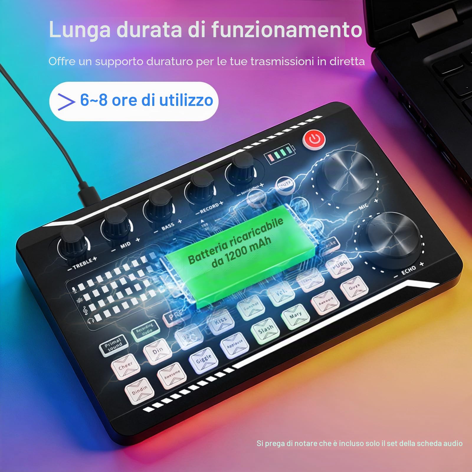 F998 - Mixer audio professionale Bluetooth, interfaccia audio, scheda audio, mixer DJ con diversi effetti sonori e luce LED, scheda per effetti sonori per live streaming, PC, gaming 19 * 11,8 cm
