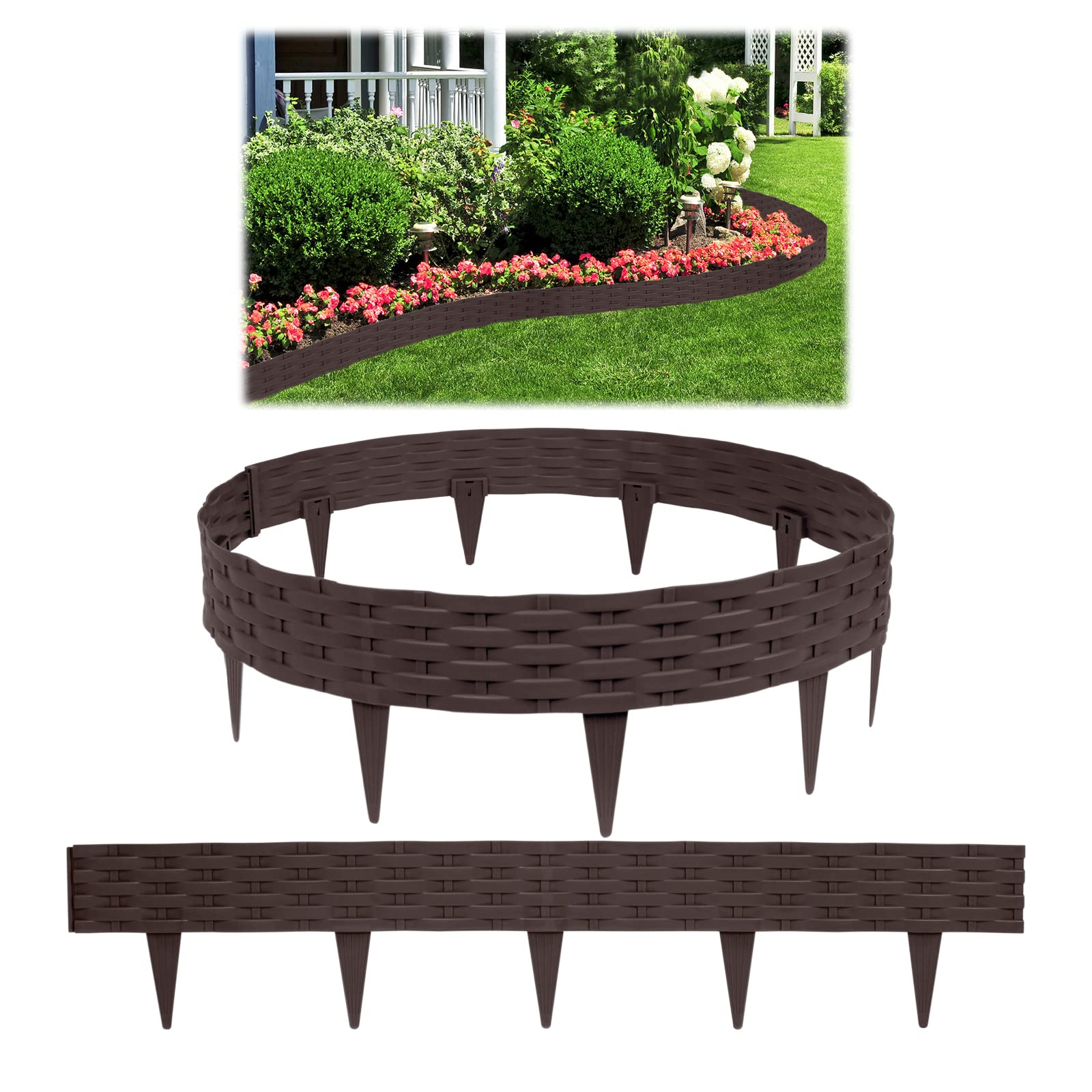 HENGMEI Rasenkanten Kunststoff Beetumrandungen 5m Beetumrandung Gartenpalisade Mähkante 5 stücke Rattan-Optik Randsteine Palisaden Gartenzaun, Braun