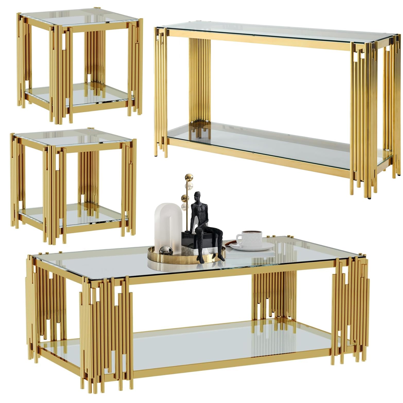 Glass Coffee Table Set of 4, 4 Piece Living Room Table Set Include 1 Coffee Table & 2 End Table & 1 Console Table, Modern 2-Tier Clear Gold Coffee End