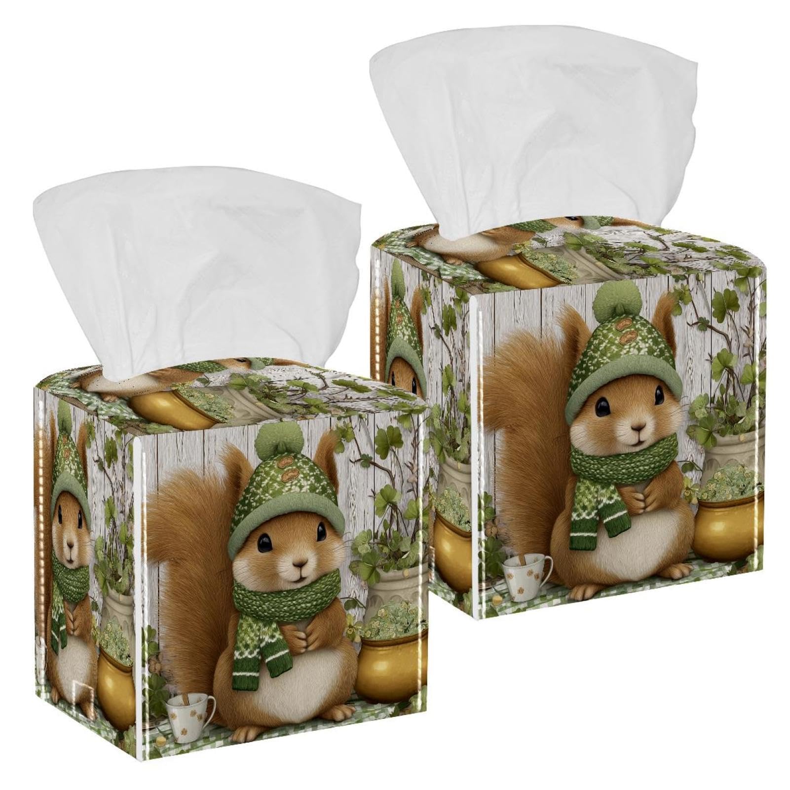 Cute Squirrel Tissue Box Cover, 2 Pack PU Leather Square Facial Tissue Dispenser Box holder for Home Office Car
