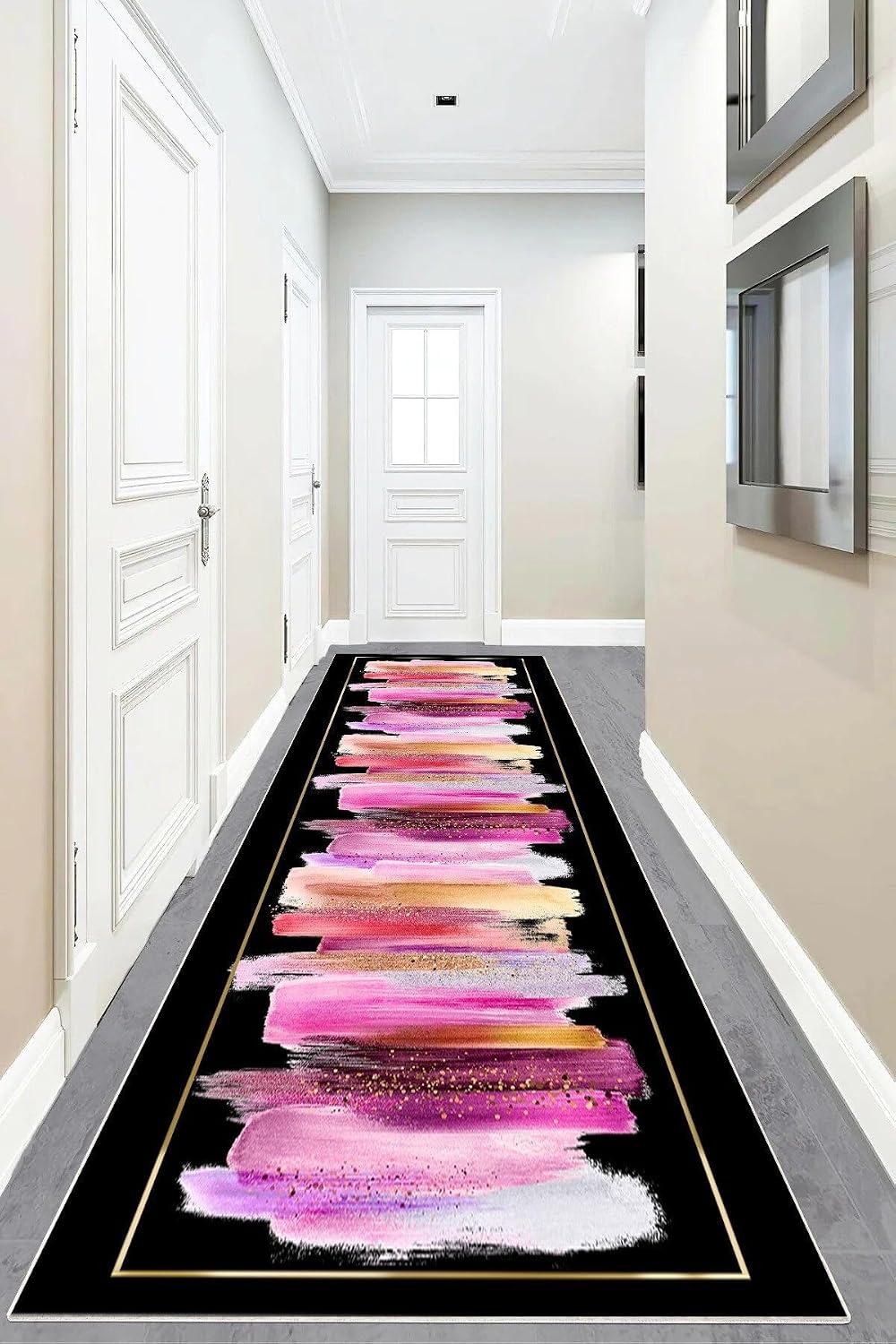 Pelangi Renk Geçişli Dijital Baskı Yıkanabilir Kaymaz Taban Modern Salon Halı ve Yolluk (Siyah), Siyah-Pembe 80 x 350, 9554911803507