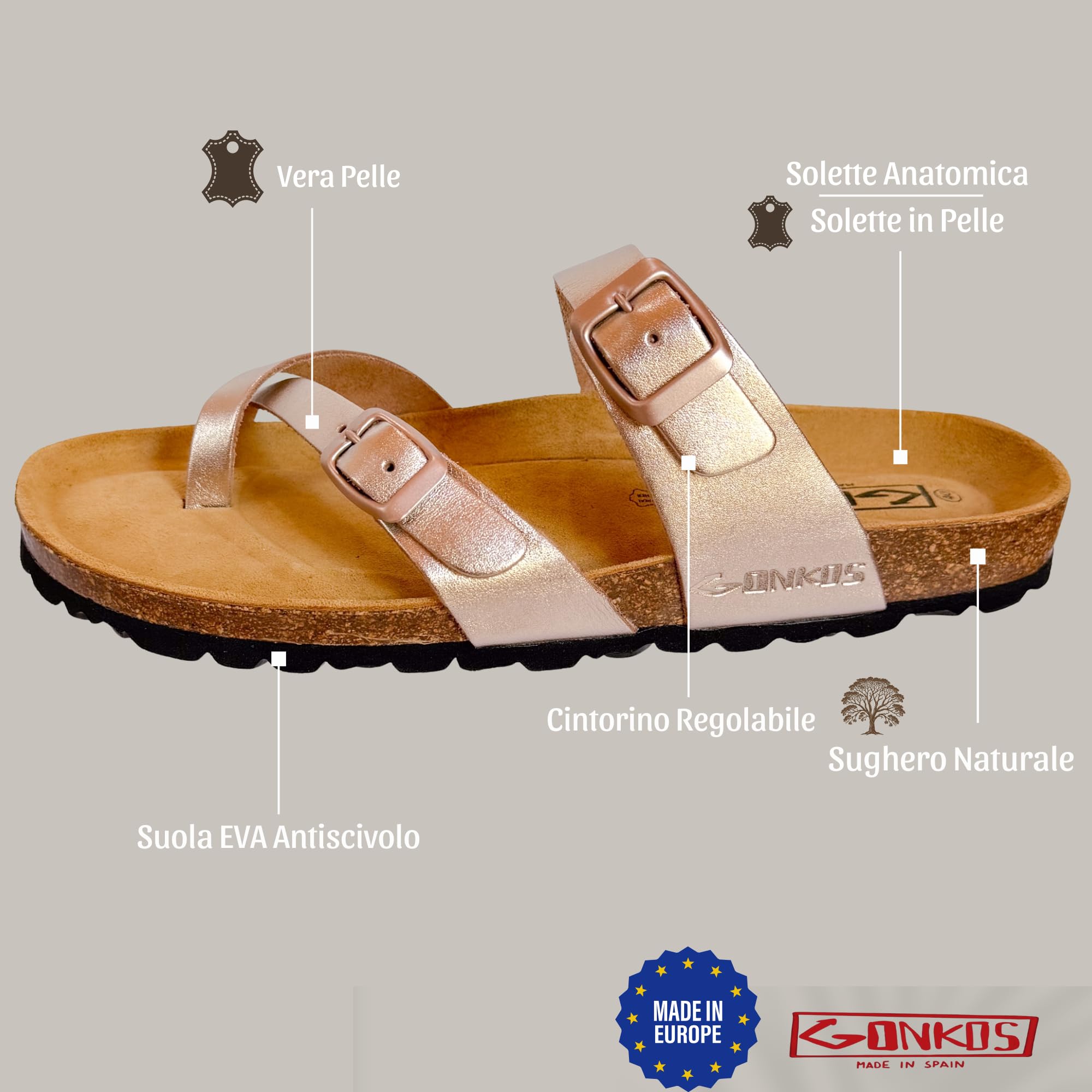 Sandali Infradito in Pelle, Sottopiede Anatomico in Sughero, Vera Pelle, Sughero Naturale, Fibbia Regolabile sul Piede, Infradito Unisex, Sandali di Qualità Made in Spain
