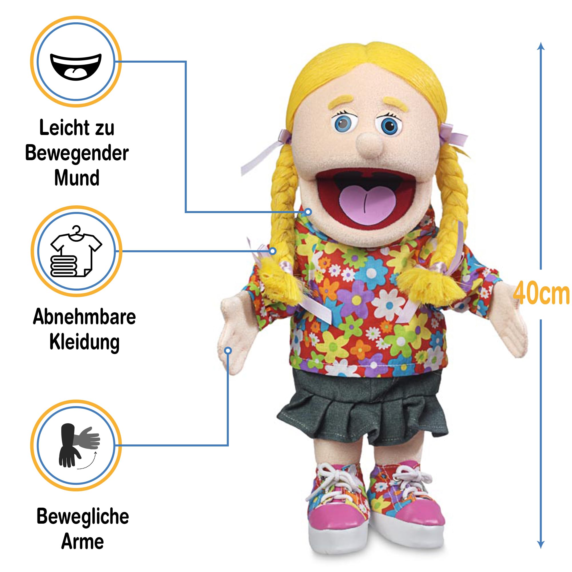 Cindy von Silly Puppets | 40 cm Handpuppe für Kinder | Mit Beweglichem Mund Und Armen | Abnehmbare Handwaschbare Kleidung