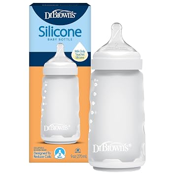 Dr. Browns Silicone Baby Bottle with Collapsible Insert Designed to Reduce Colic, 9 oz with Wide-Neck Level 2 Medium Flow Nipple, BPA-Free, 3m+, White, 1-Pack