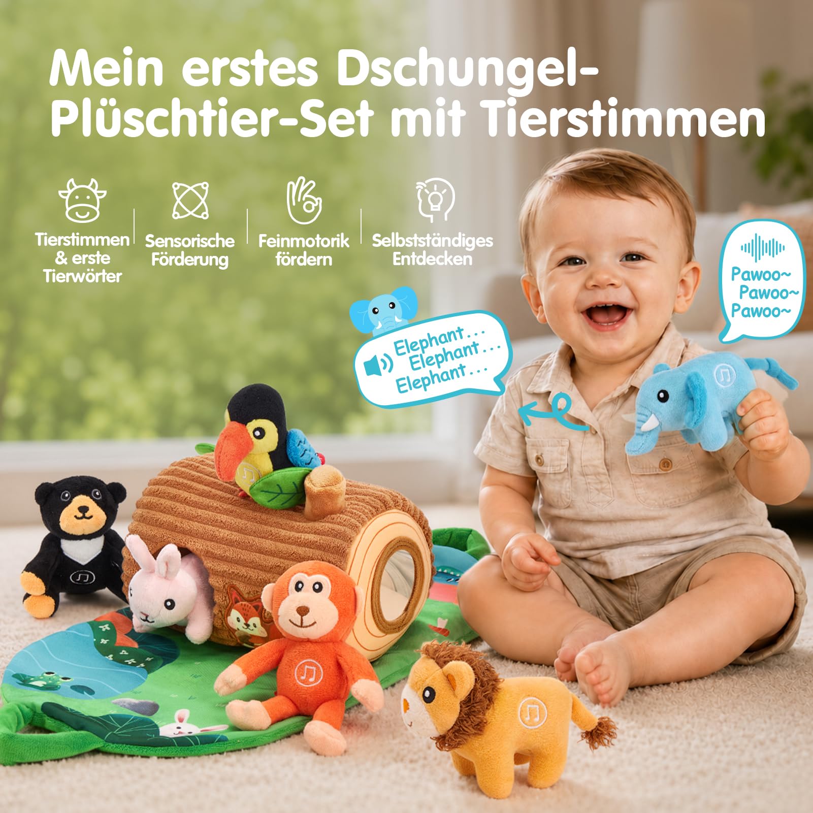 hahaland Montessori Spielzeug Baby 6-12 M, 6 Dschungeltiere mit Tierstimmen | Mit englischen Tierwörtern, Baumhaus & Spielmatte, Baby Spielzeug 6 Monate, fördert Sensorik & Feinmotorik, Baby Geschenk