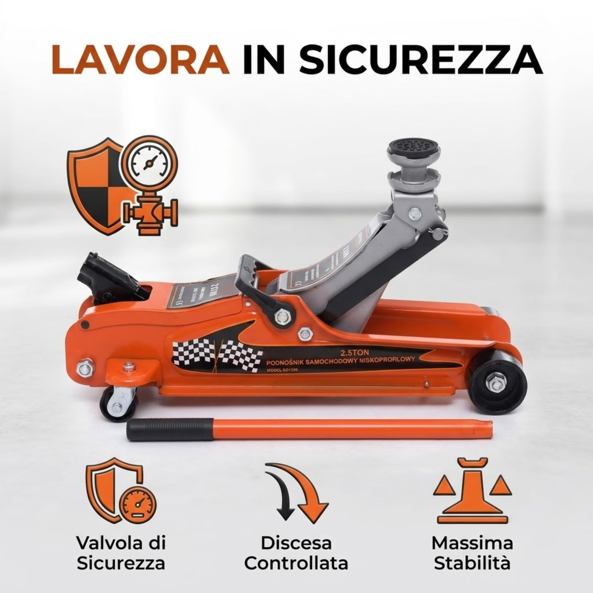 Cric Idraulico Ribassato 2,5T, Sollevatore Auto a Carrello Professionale con Profilo Basso 80-360 mm, Martinetto Idraulico per Cambio Gomme e Manutenzione Veicoli