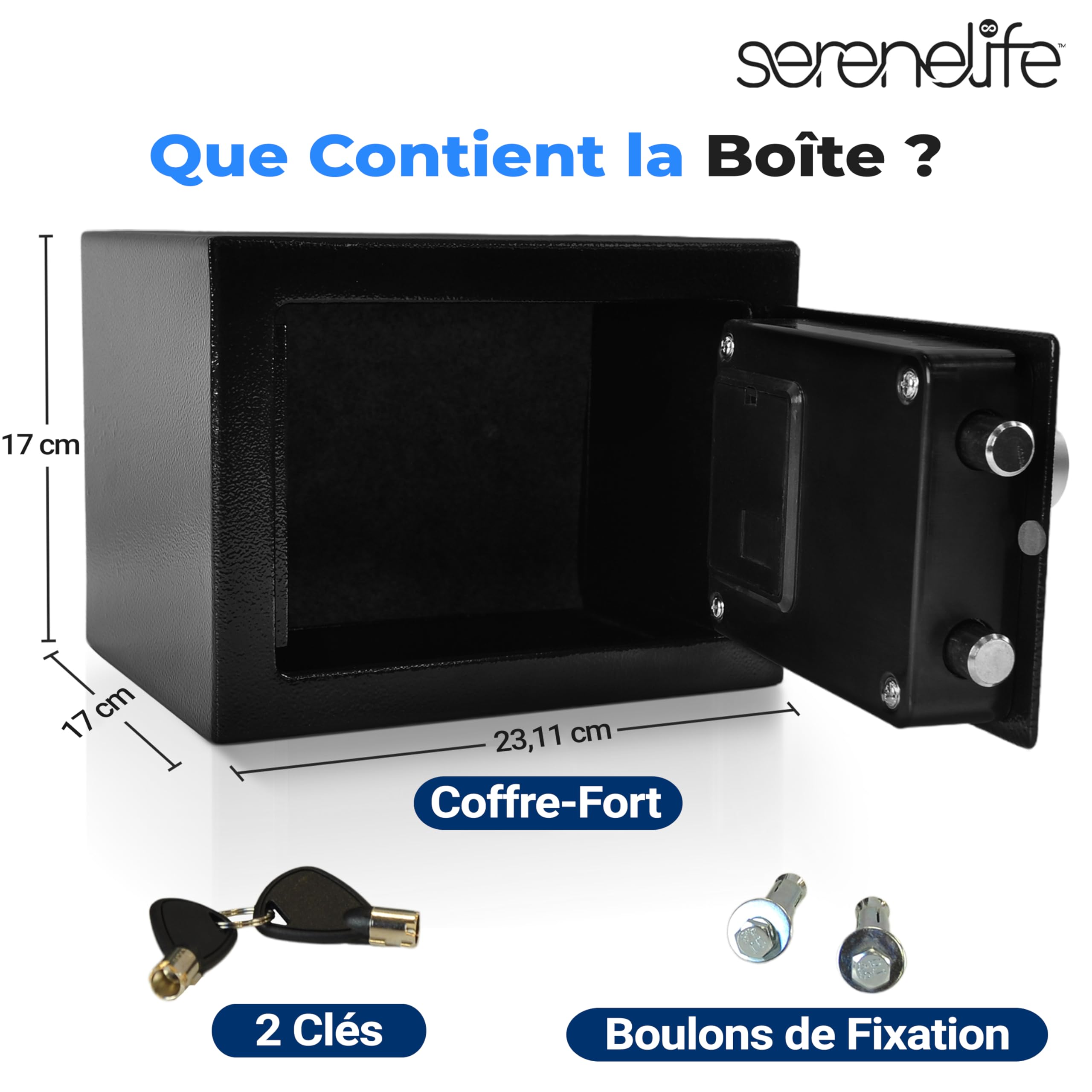 SereneLife Coffre-Fort Numérique en Acier – 23x17x17 cm, Sécurité Électronique + Clé, Rangement pour Argent, Armes, Bijoux, Passeports – Pour Maison, Hôtels, Placards, Bureau-noir