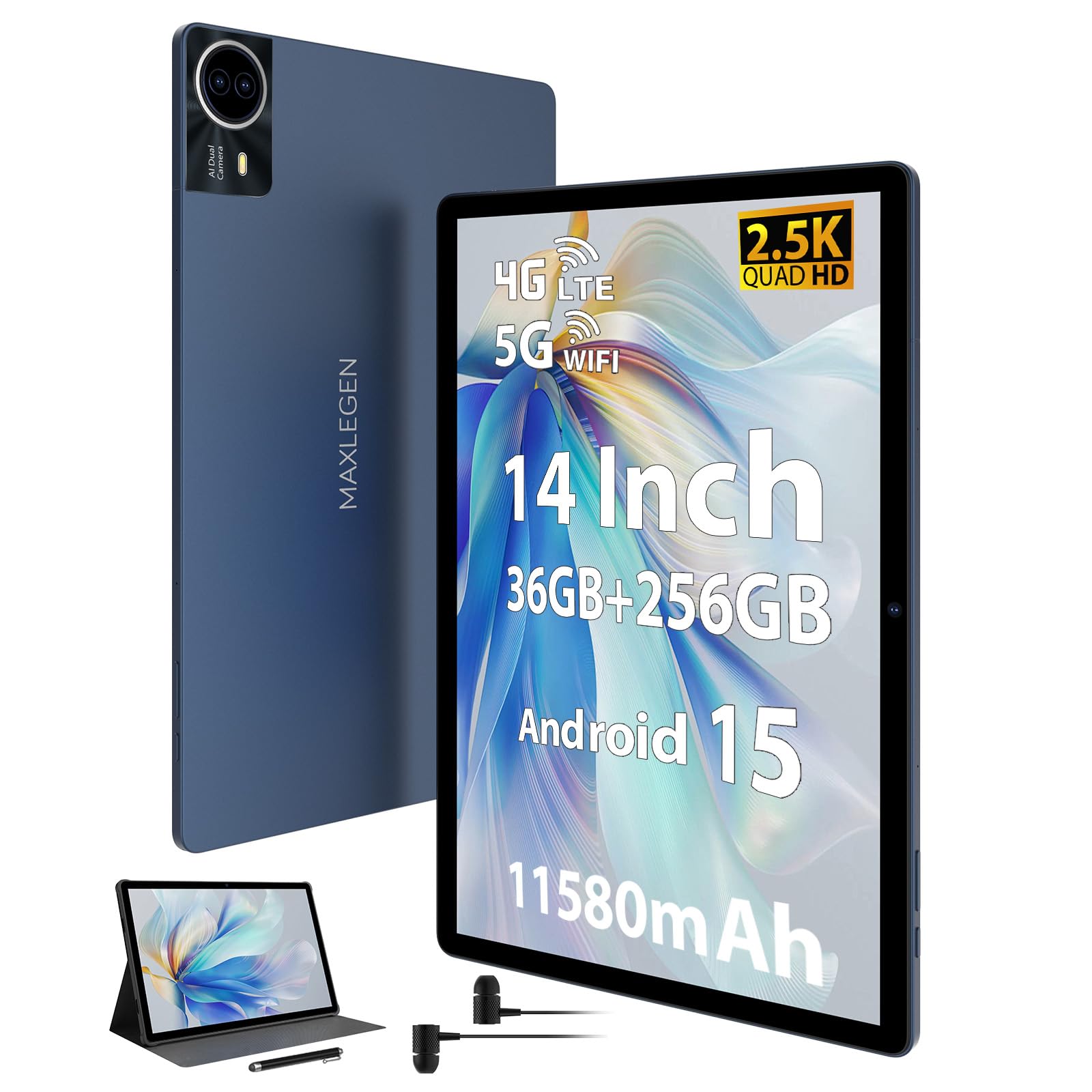 MAXLEGEN A Tablet 14 Pollici, Display 2,5K Incell, 36GB RAM+256GB ROM/TF 1TB, 4G LTE+5G WiFi, Android 15, Octa Core 2.0Ghz/4 Altoparlanti/11580 mAh/BT5.0/GMS/GPS, Tablet con Pen/Custodia/Auricolare