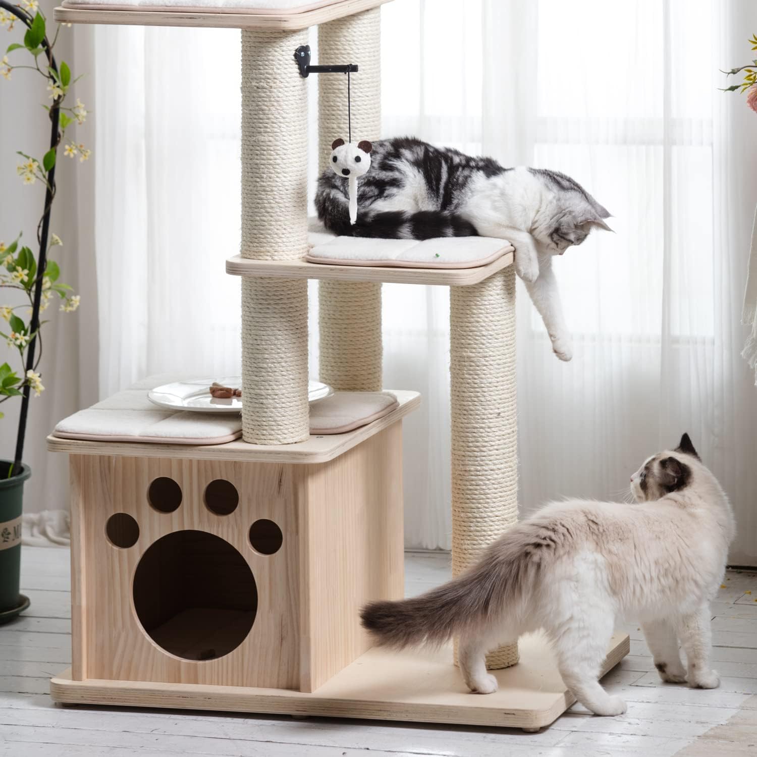 review Multi Level Cat Tree for Indoor Cats,Wood Cat Tree Tower with Cat Scratching Post,Cat Tower for Indoor Cats with Pine Cat House and Cat Toys,56.3 Inch Tall
