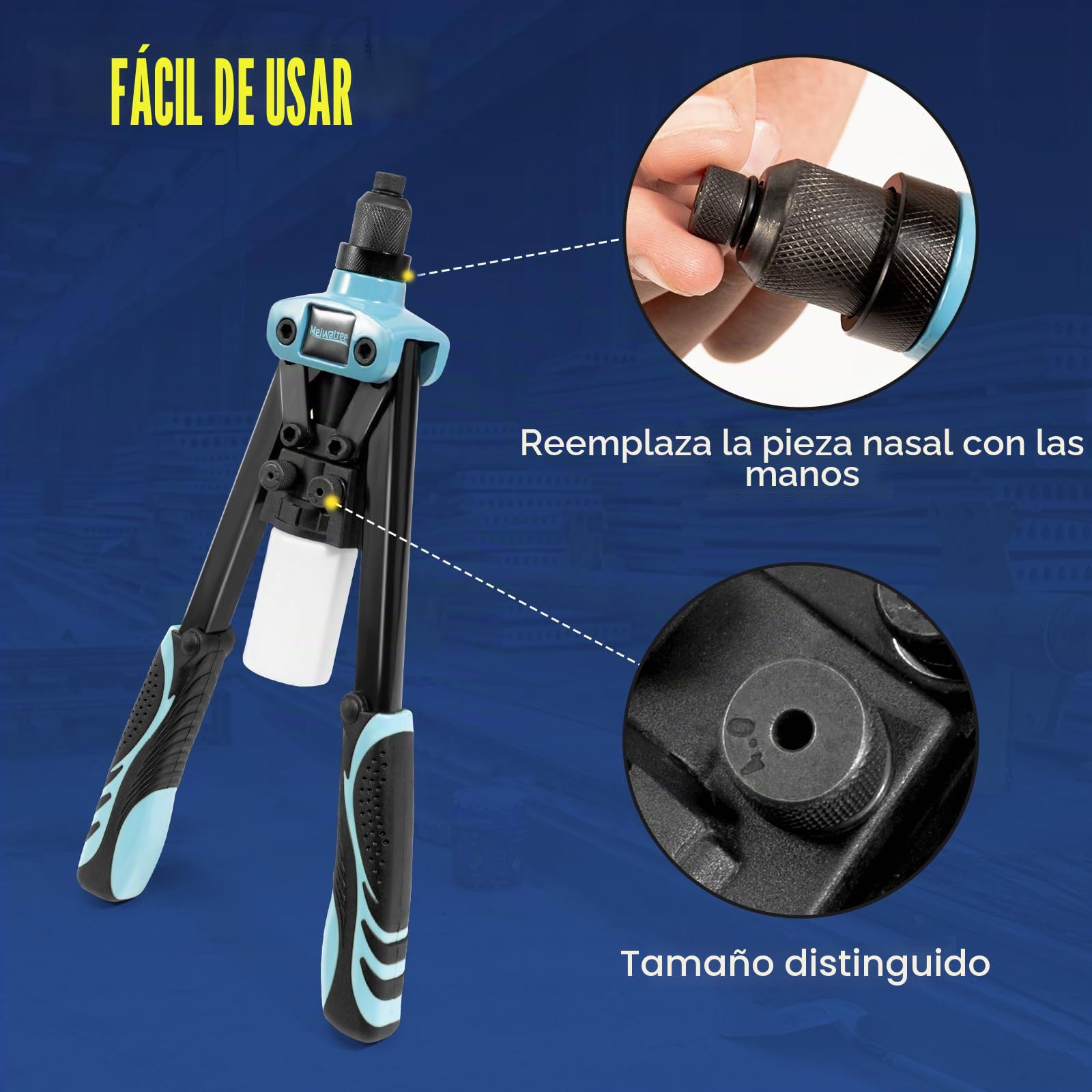 13" Remachadora Manual Profesional 5 en 1 con 100 Remaches, Pistola Remachadora con 5 Boquillas Intercambiables 6,4-2.4 MM Apta para Remaches de Acero, Acero Inoxidable y Aluminio