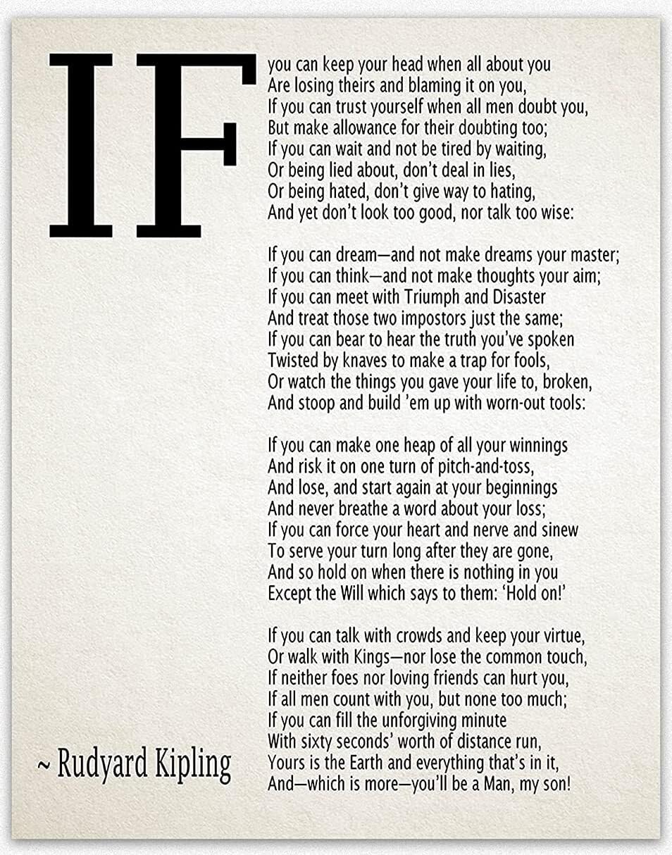 RNUMLIGH Motivational Poetry Art Print If Poem by Rudyard Kipling Inspirational Quote Wall-Art for Home Office
