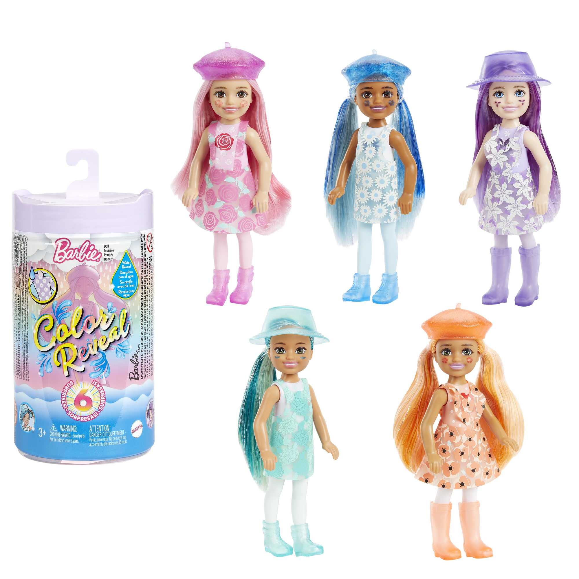 Barbie Color Reveal Chelsea Serie Lluvia y Brillos Muñeca Que Revela Sus Colores con Agua, Incluye Ropa y Accesorios Sorpresa, Juguete +3 años (Mattel HCC83)