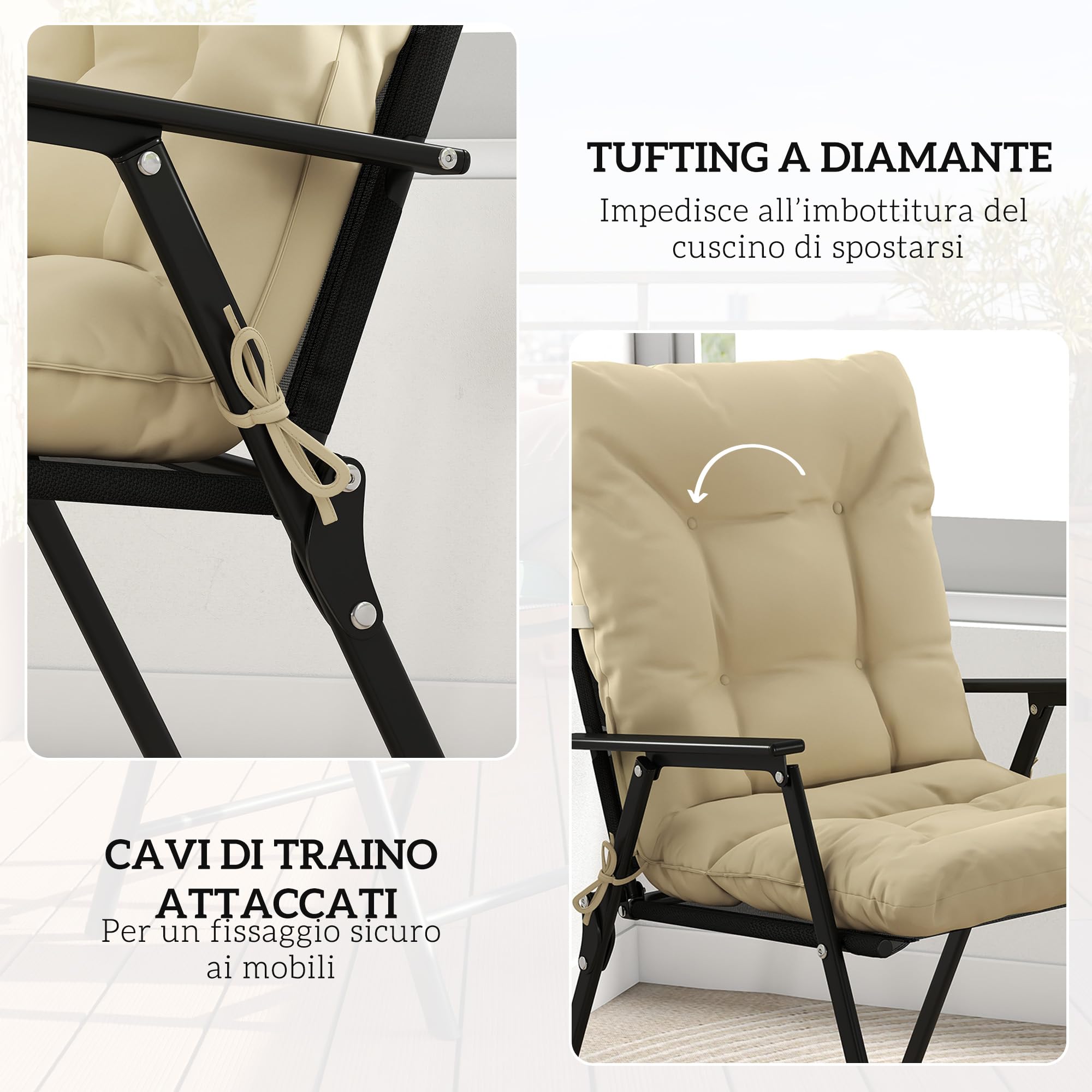 Outsunny Set 2 Cuscini per Sedie da Esterno con Lacci di Fissaggio, Cuscini da Esterno Imbottito in Poliestere e Cotone, per Sdraio Prendisole Poltrona, 50x120x8 cm, Beige