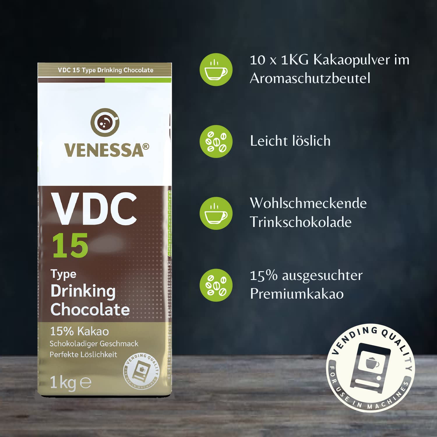 VENESSA VDC 15 Trinkschokolade 10 x 1kg, mit 15% Premium Kakao und Milchanteil für Vending-Automaten, leicht süß, cremig