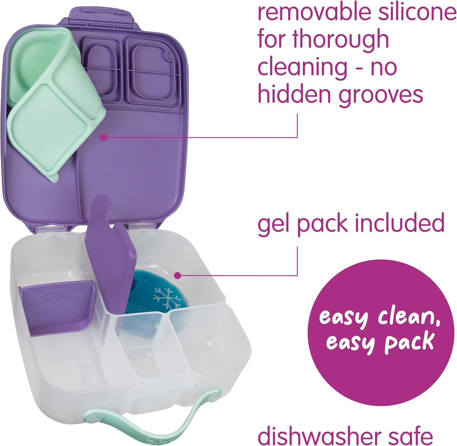 b.box Lunch Box for Big Eaters All Ages - 8.5 Cup Leak Proof Bento Box with 4 Compartments, School Lunch Container with Ice Pack, Dishwasher Safe, BPA-Free, PFAS-Free - Lilac Pop