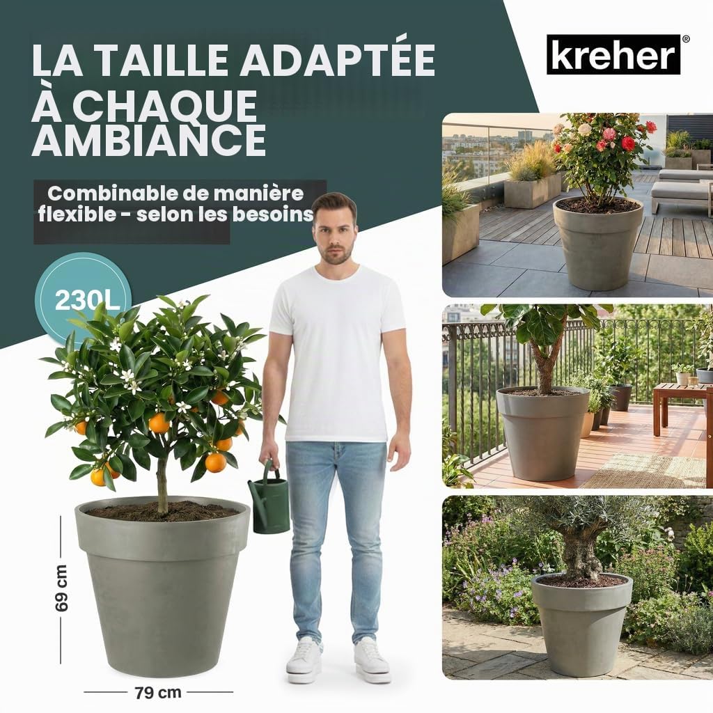Kreher Pot de fleurs XXL avec roulettes, diamètre 79 et 58 cm, anthracite et blanc. Pot de fleurs robuste, grand pot de fleurs pour fleurs, arbres, extérieur et intérieur (marron, lot de 2)
