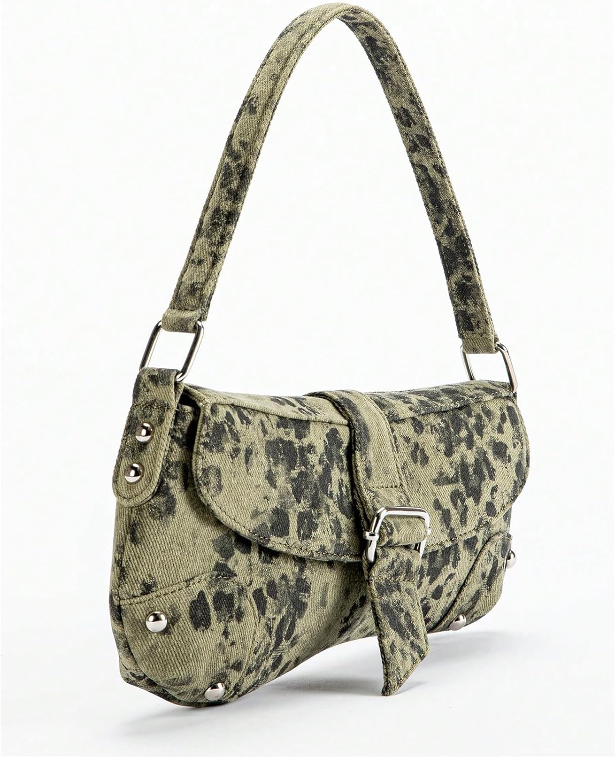 QWINEE Women's Y2K Leopard Print Shoulder Bag Denim Handbags Retro Cheetah Purses Top Handle Buckle Clutch Underarm Bag