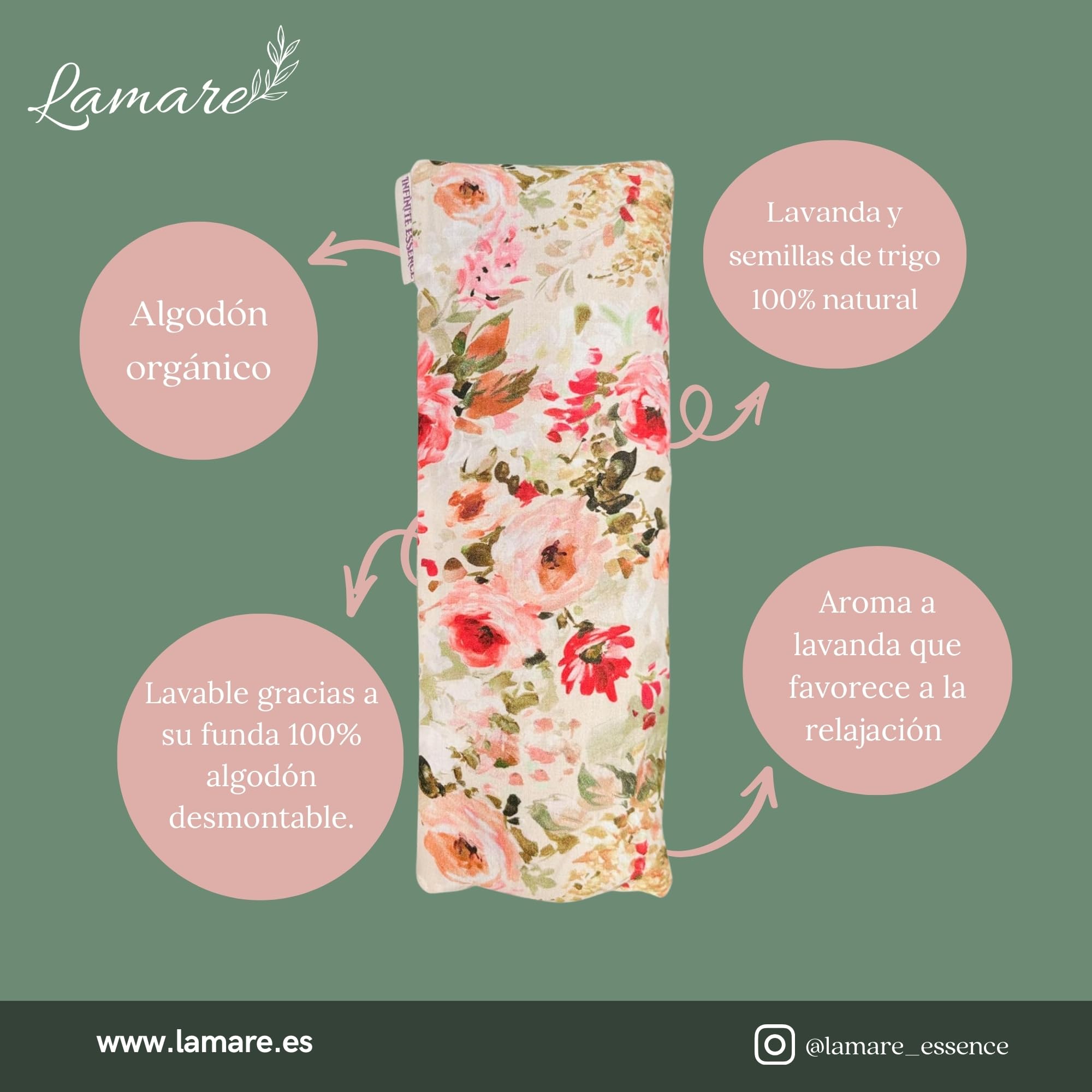 LAMARE Saco Semillas Microondas de Trigo y Lavanda 24 x 8 cm Funda Lavable 100% Algodón - Cojín Térmico Para Ojos Terapia Frío y Calor y Cólicos Bebe. (Rosas Crudo) Saco de Semillas Para Microondas.