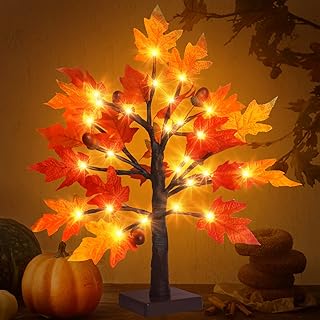 1.5FT Lighted Maple Tree - Thanksgiving Tabletop Lamp Decor with 36 LED Lights, Maple Leaves, 6 Acorns, 6-Hours Timer Function, Battery Operated Fall Artificial Tree for Indoor Home Bedroom