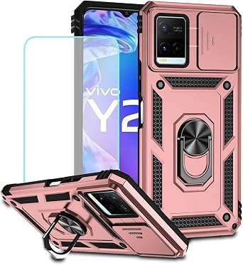 Case for Vivo Y21 Case, Vivo Y33S 4G V2111 V2109 Case with Tempered Glass Screen Protector and Slide Camera Cover, 360 Rotate Ring Stand Magnetic Cover for Vivo Y21 Rose Gold