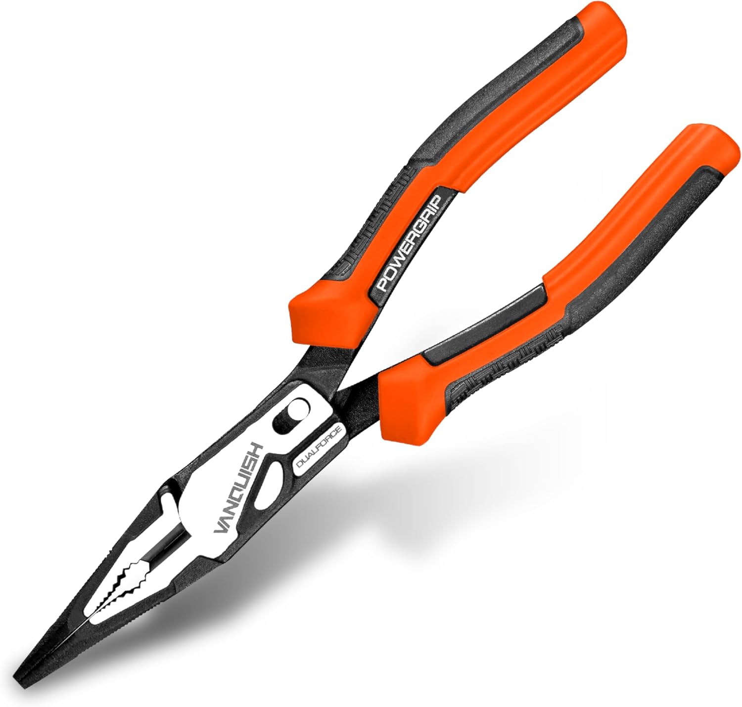 VANQUISH Dual Pivot Compound 8 Inch Long nose Plier, CR-V Steel, Power Grip Handle, 50% Less Effort to Cut, 3016