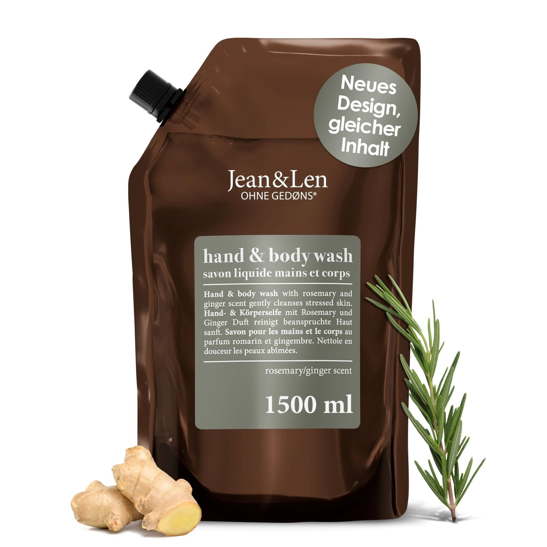 Jean & Len Hand & Body Wash Rosemary et Ginger en éco-recharge, nettoie et soigne la peau, parfum frais et épicé, savon liquide en recharge, sans silicones & parabènes, 1,5 L