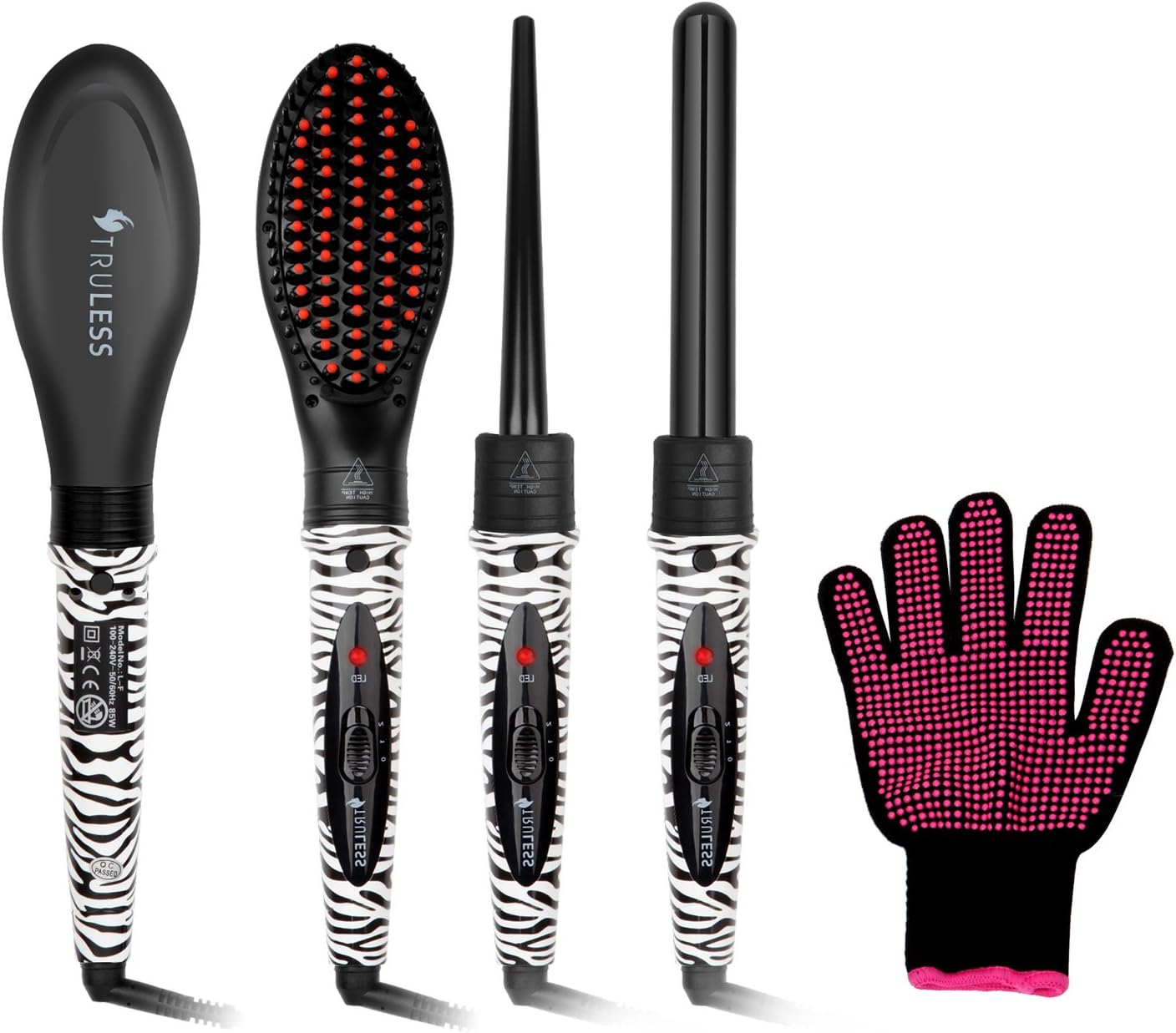 Professional 3 in 1 Ceramic Tourmaline Ionic Hair Styling Salon Set with 2 Interchangeable Curling Wand Ceramic Barrels and Hair Straightener Brush + Free Heat Protective Glove, Black