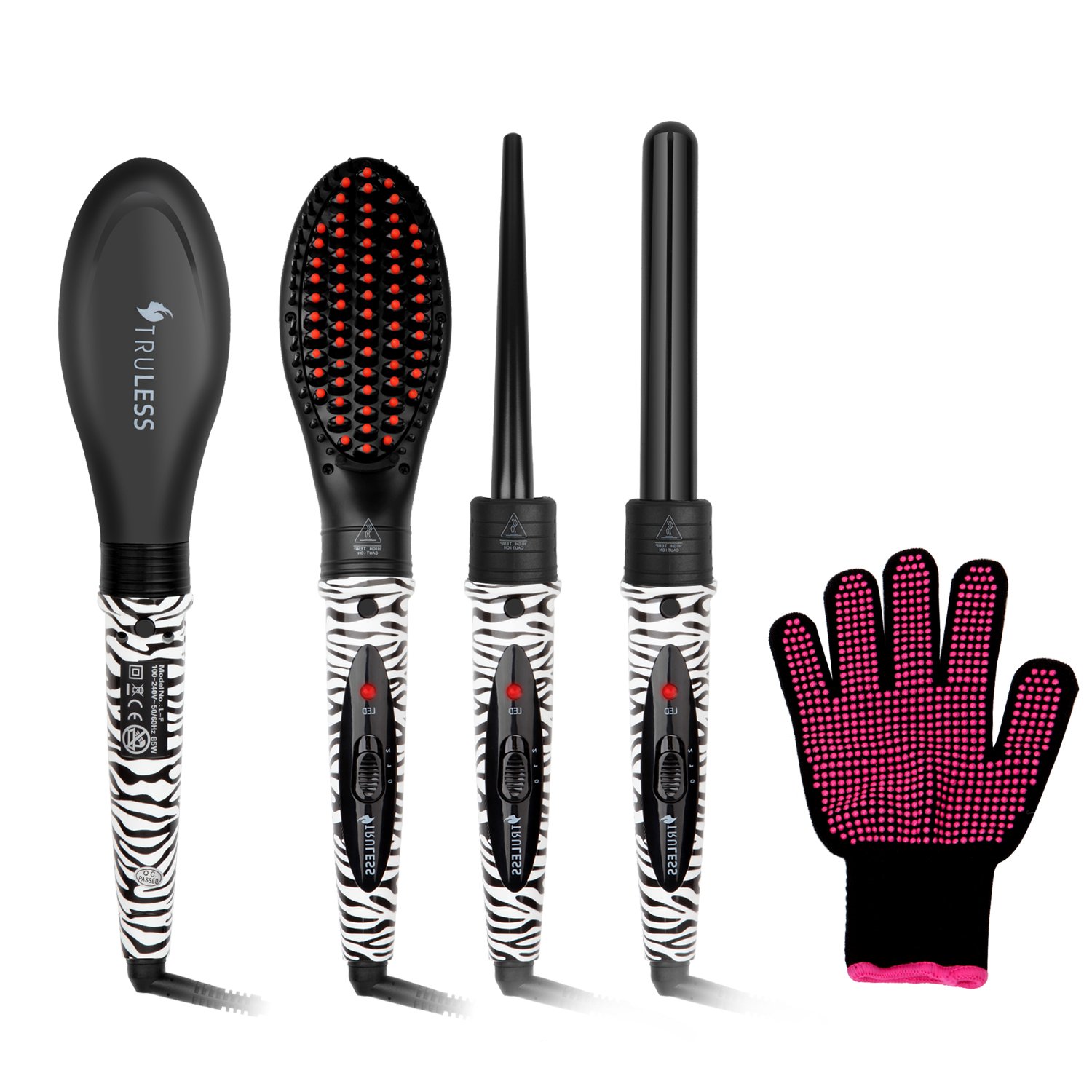 Professional 3 in 1 Ceramic Tourmaline Ionic Hair Styling Salon Set with 2 Interchangeable Curling Wand Ceramic Barrels and Hair Straightener Brush + Free Heat Protective Glove, Black