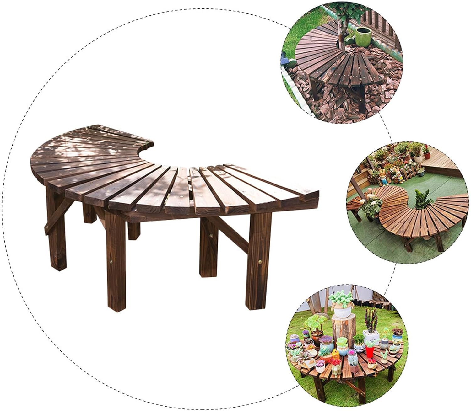 TEHAUX Outdoor Wooden Bench with Flower Pot Shelf Semi-Circle Multi-Purpose Garden Yard Leisure Seating for Patio and Courtyard