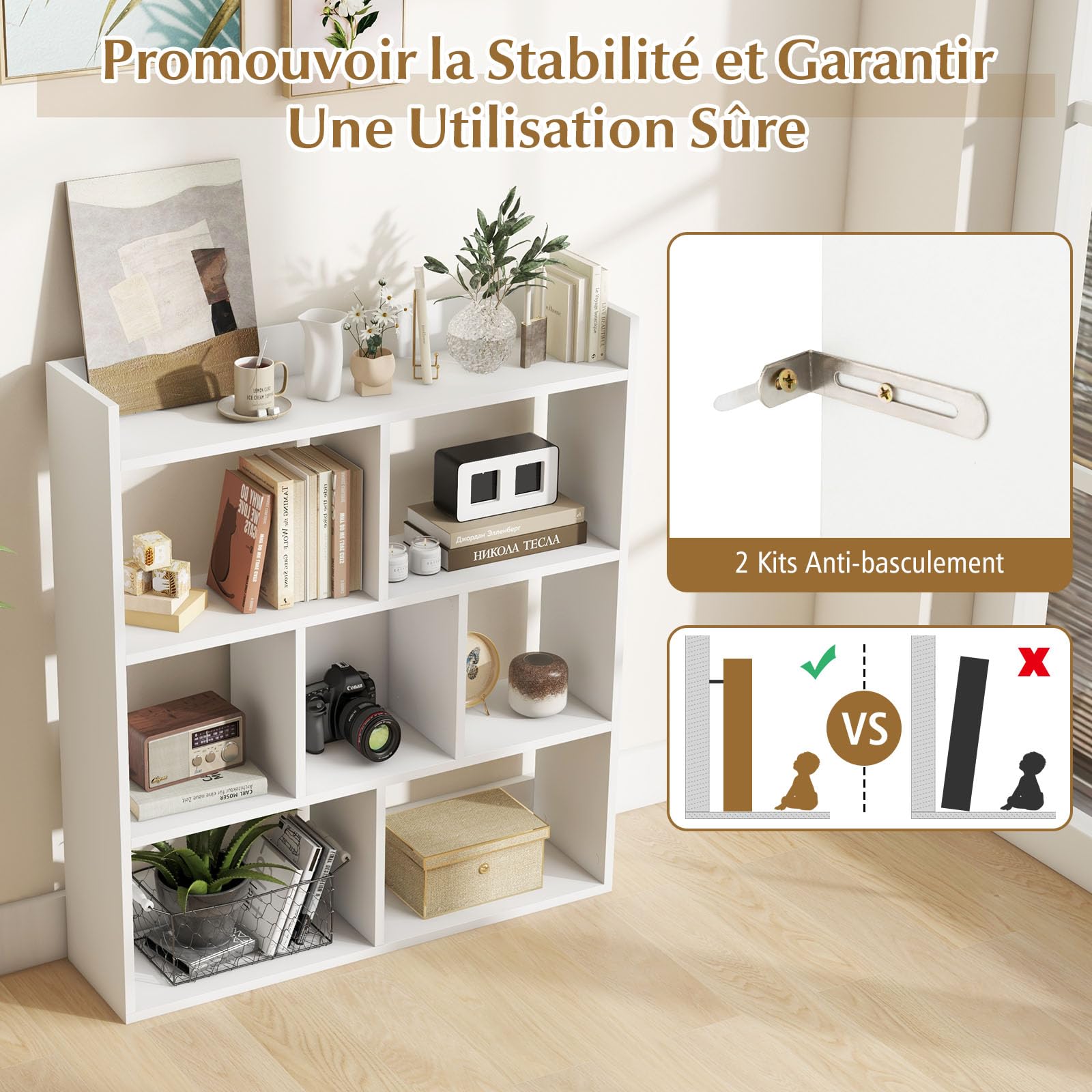 GOPLUS Librería de 7 Cubos Abiertos, Estantería de Madera de 3 Niveles con Kits Antivuelco, Mueble de Almacenamiento para Salón, Habitación Infantil, Estudio, Oficina, 80 x 20 x 90 cm (Blanco)