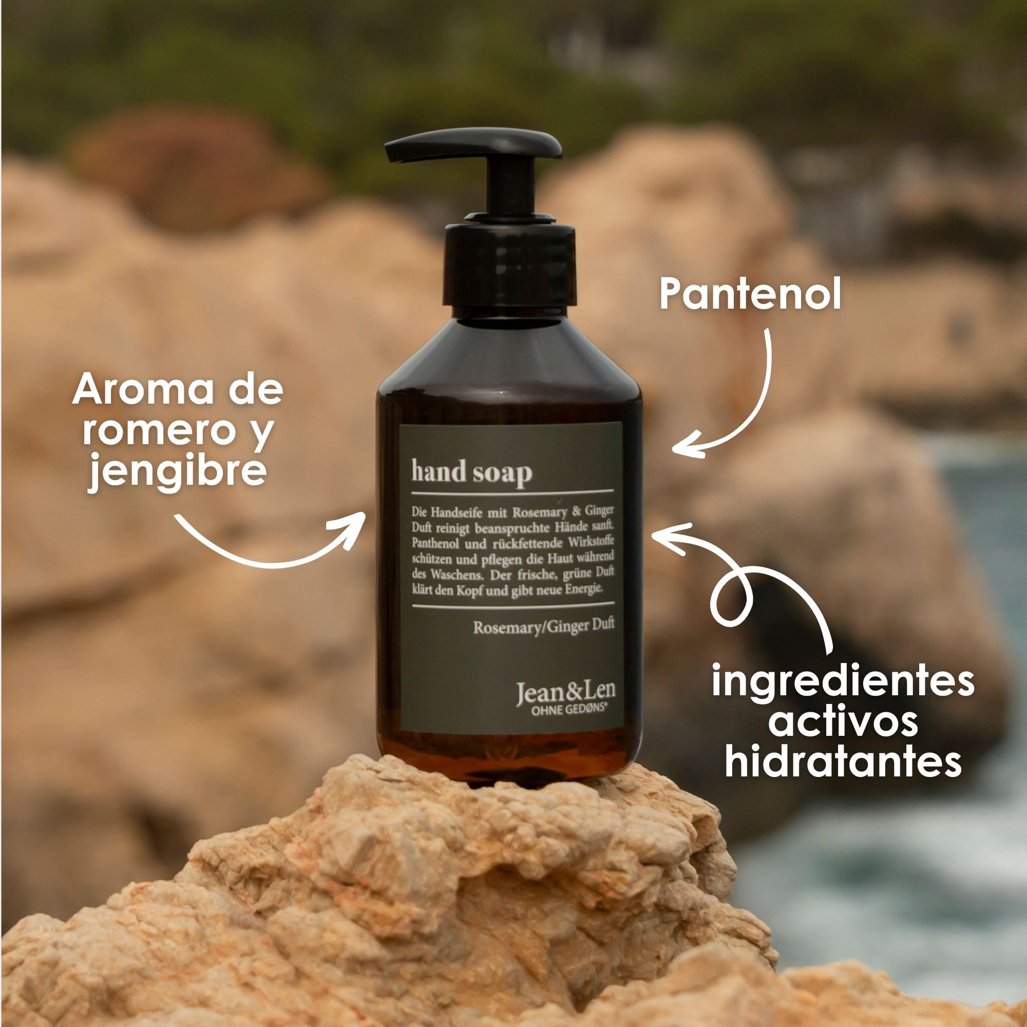 Jean & Len Jabón de manos Rosemary & Ginger 6 x 250 ml dosificador recargable sin parabenos