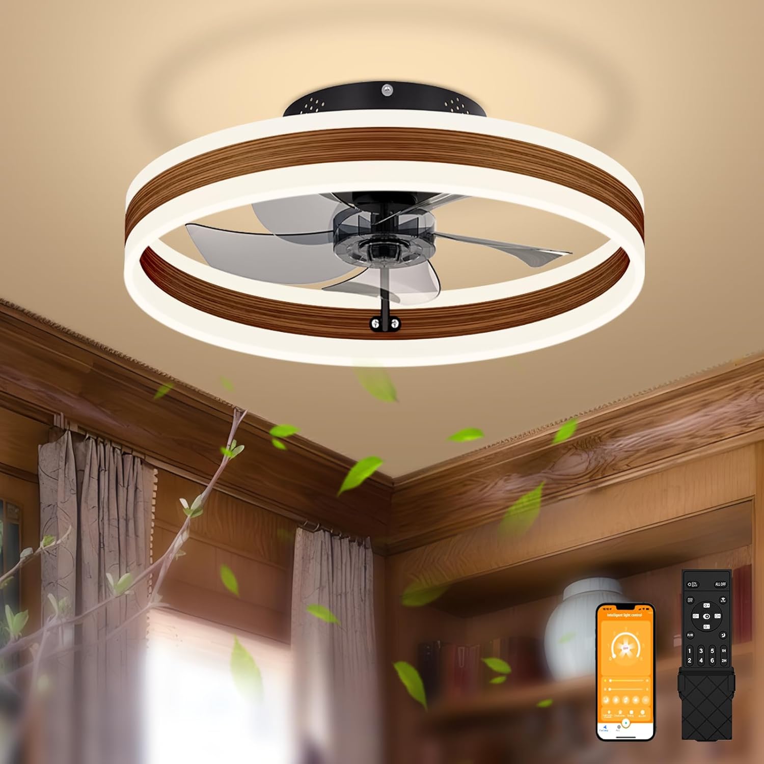 VOLISUN Fandelier Ceiling Fans with Lights and Remote, 15.7in Farmhouse Ceiling Fan Flush Mount, 3000K-6500K Dimmable Bladeless Ceiling Fan with Light, Modern Ceiling Fans with Lights for Bedroom Walnut