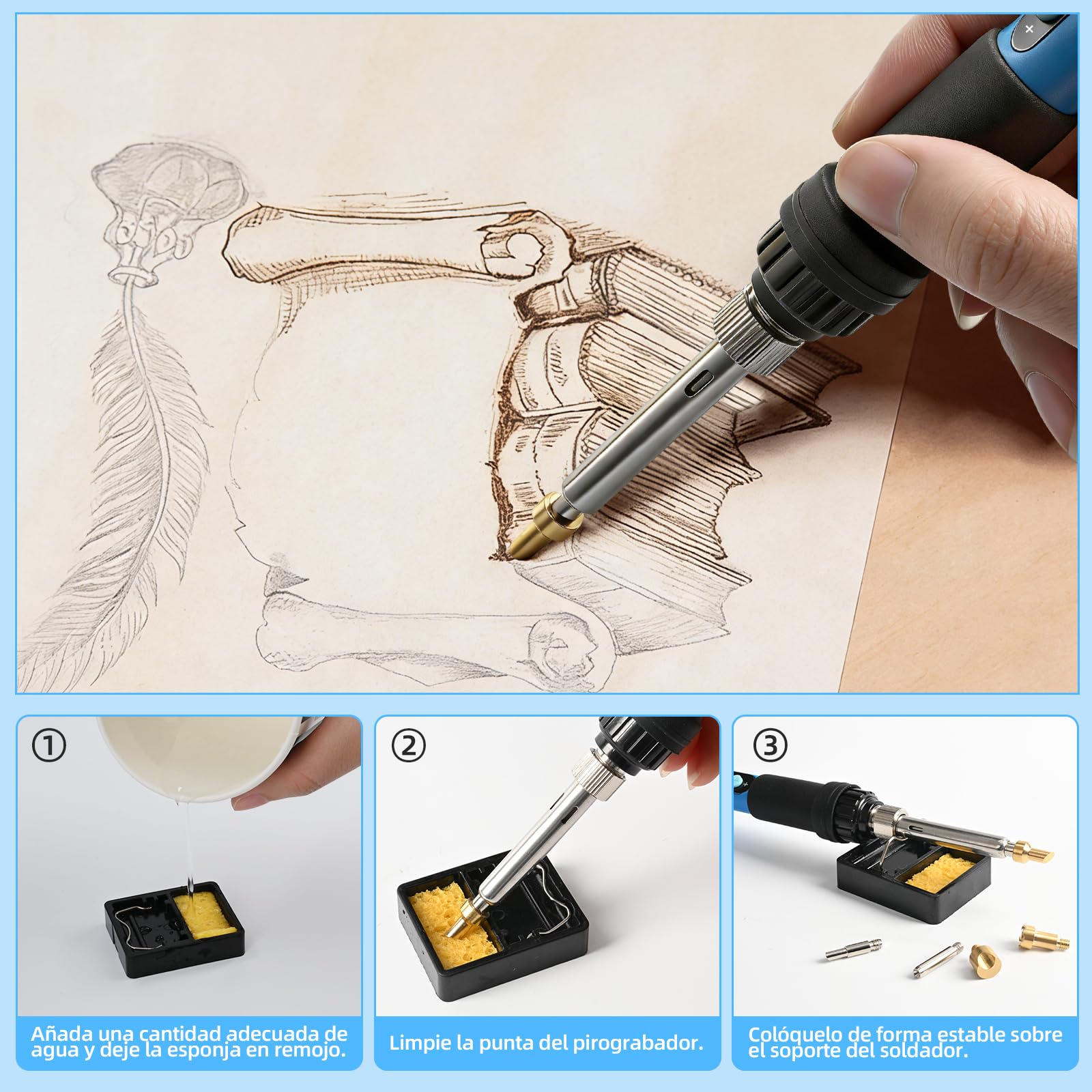 HANDSKIT 52pcs Kit Pirograbador de Madera,pirograbado en madera,Kit Pirograbadores Eléctrico 90W Temperatura Regulable entre 180°C y 480°C,Soldador Pirografo Profesional para Madera,Cuero,Grabado