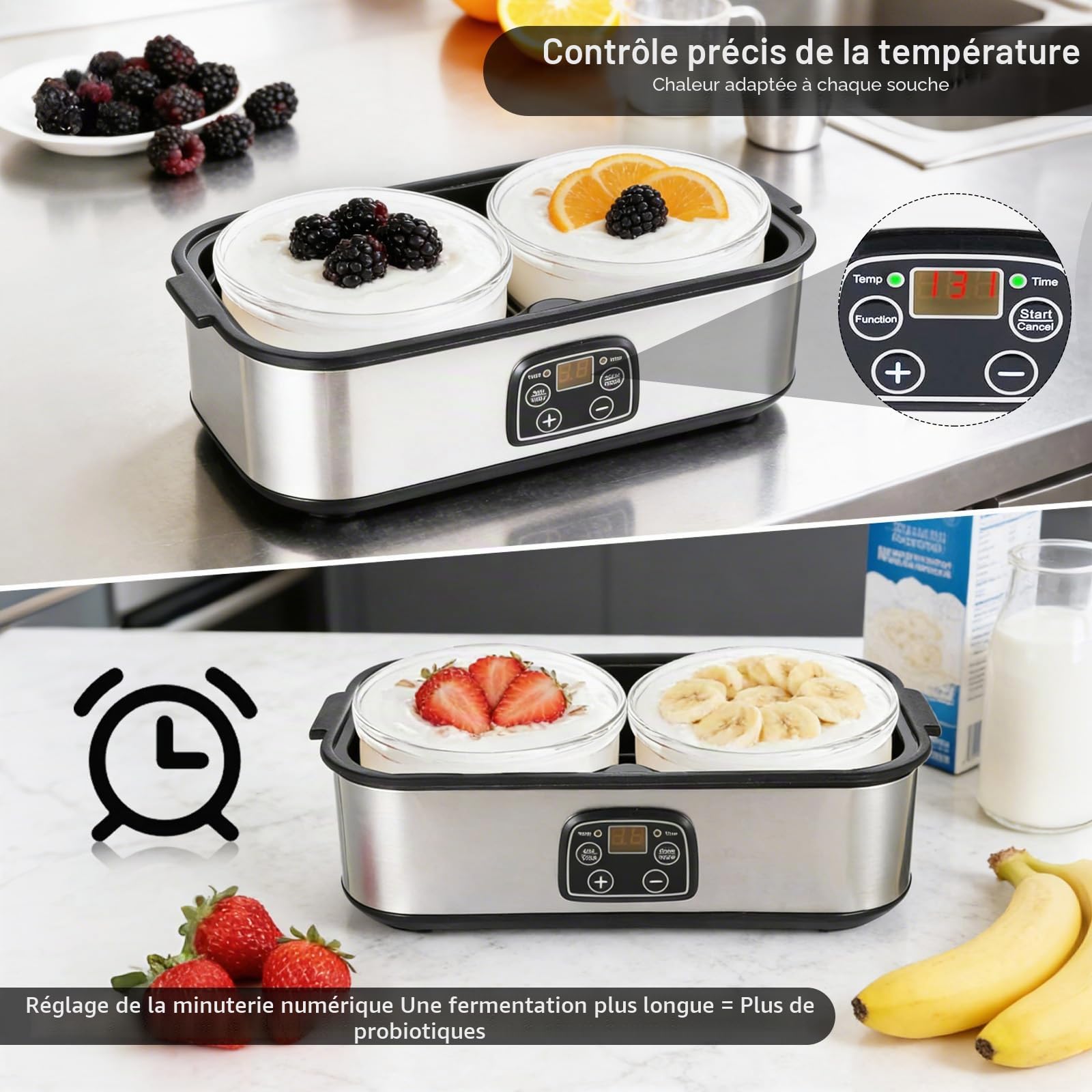 Yaourtière 2L, Machine à Yaourt avec 2 Pots de 1L, Yaourtière Numérique en Acier Inoxydable, Yaourtière Automatique pour Yaourt Maison DIY, Fromage ou Natto