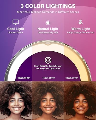 Miniatura 4 de Auxmir 10 espejos de maquillaje con luz LED de aumento con 3 colores de luz, sensor táctil, potente ventosa, rotación de 360 grados, iluminación