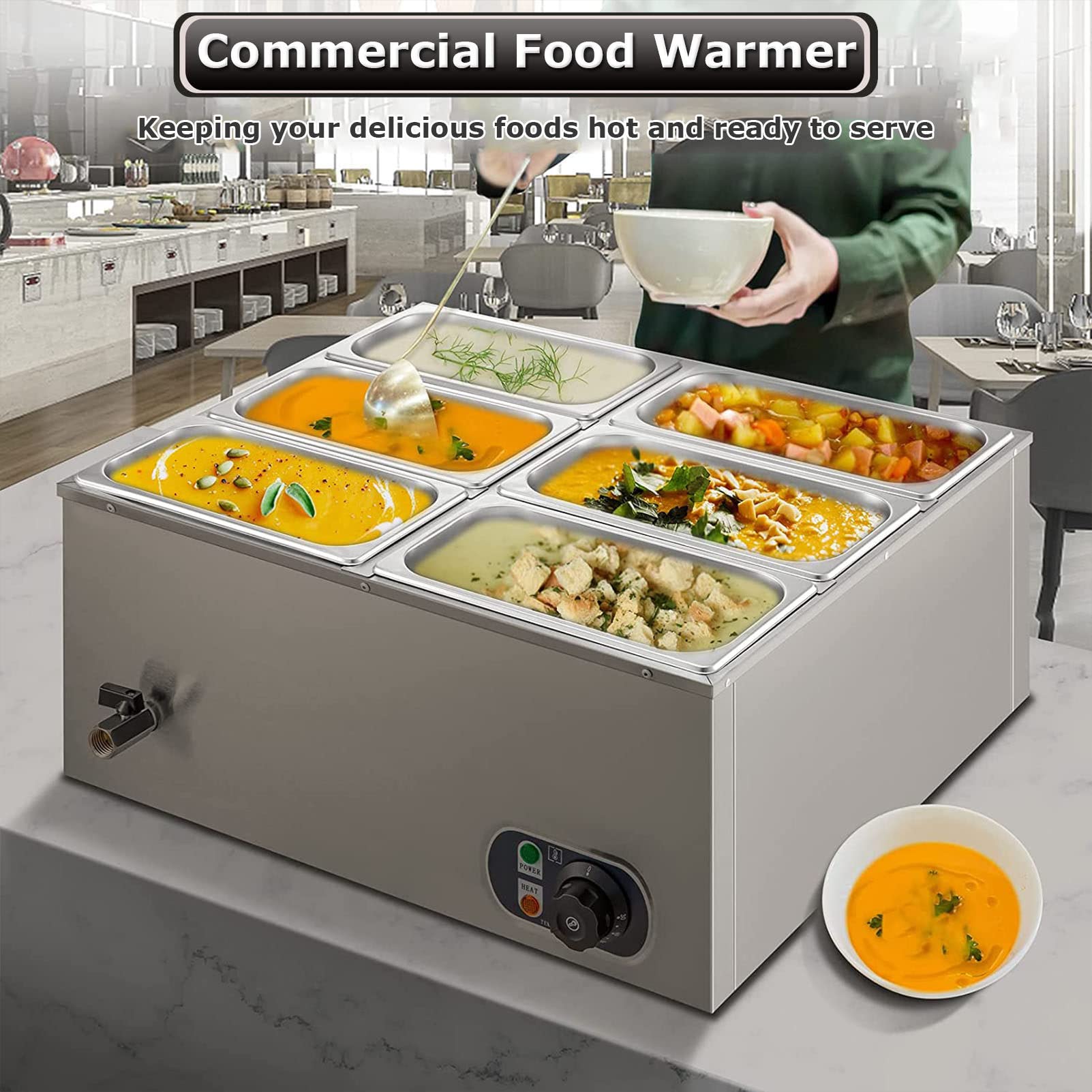 Calentador Alimentos eléctrico 6 bandejas, Servidor Buffet Mesa 7 l, 850 W con Tapas, Calentador Platos, Control Temperatura, Plato para Calentar Alimentos, Calentador Alimentos con Carrito Acero