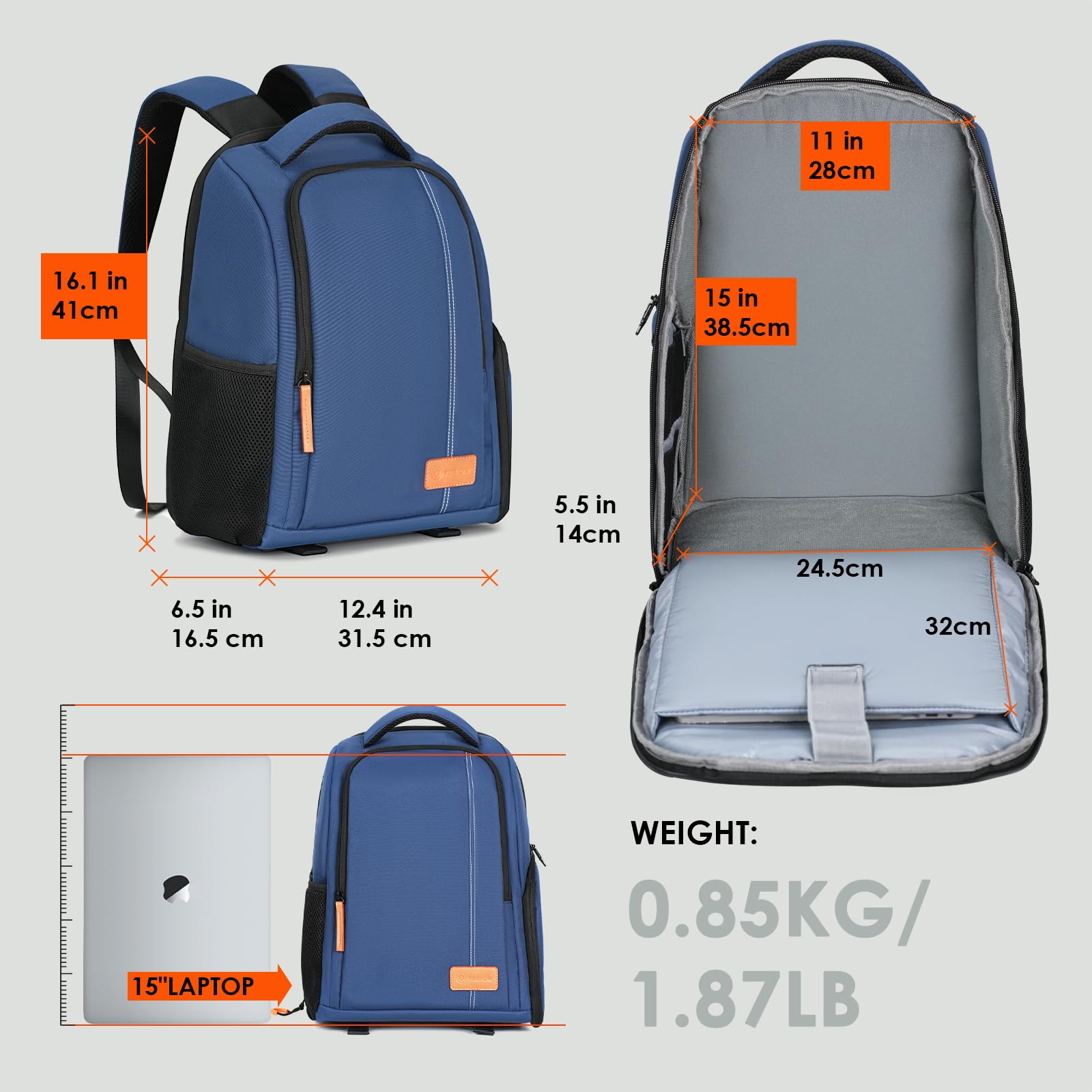 TARION Mochila impermeable para cámara de gran capacidad con compartimento para laptop de 15 pulgadas, cubierta de lluvia para mujeres y hombres, trípode para lentes de fotógrafo, color azul