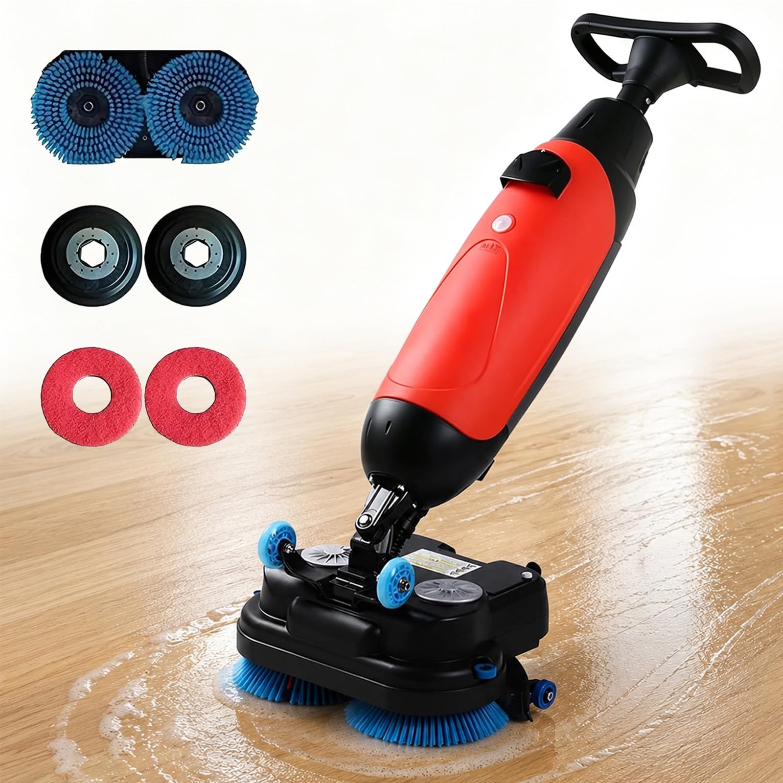 Pulidora Suelos, Fregadora y Abrillantadora 17" Inalámbrica Comercial Red | Batería 36v 10ah, 2 Motores De 250w, Depósitos 4.5l(Agua Limpia) /7.5l(Agua Sucia), Para Fregar, Pulir Y Abrillantar