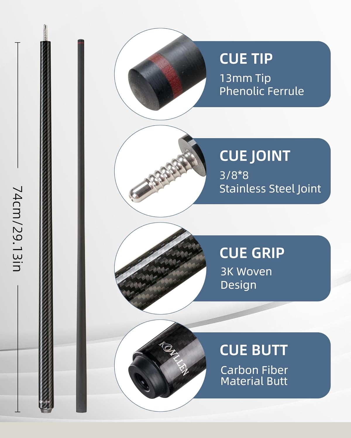KONLLEN Break Cue – 58" 20oz Heavy Carbon Fiber Break Pool Cue, 13mm Phenolic Tip, 2-Piece Professional Design