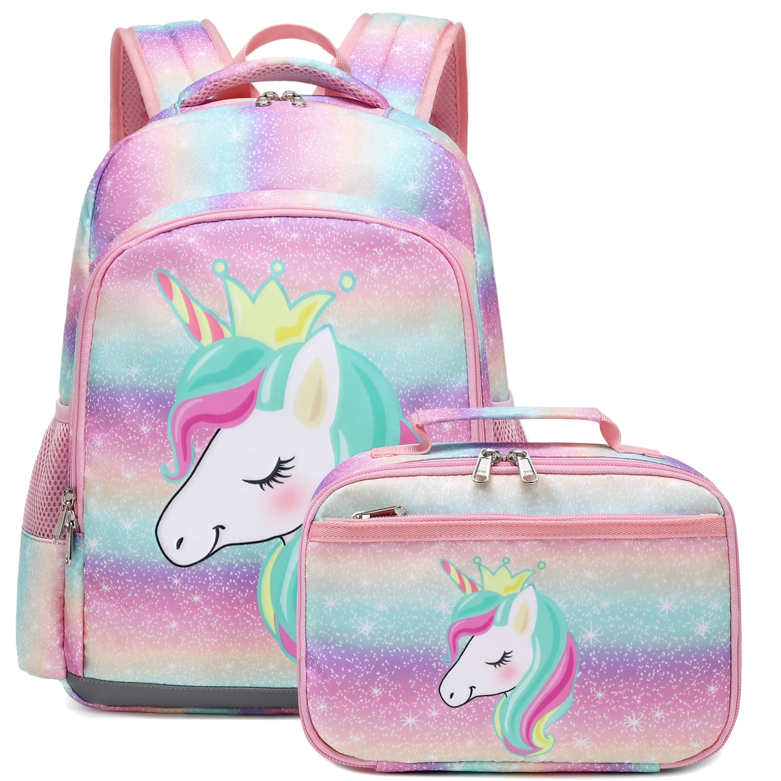 Octsky Unicorn Backpack for Girls, Kids Preschool Backpacks Cute Lightweight With Chest Strap and Lunchbox (Rainbow)