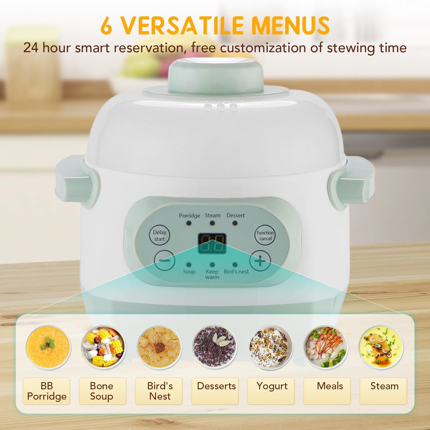 Smart Electric Stew Pot, 1L Capacity Prevent Dry Burning Time Appointment Easy to Use Small Slow Cooker Versatile Ceramic Soup Pot with Intelligent Reservation Function (110V 220W) (White) (Green)