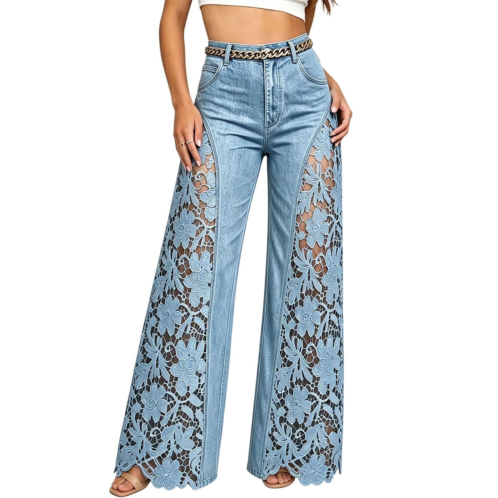 Jeans da donna in pizzo, jeans a gamba larga da donna UK patchwork denim