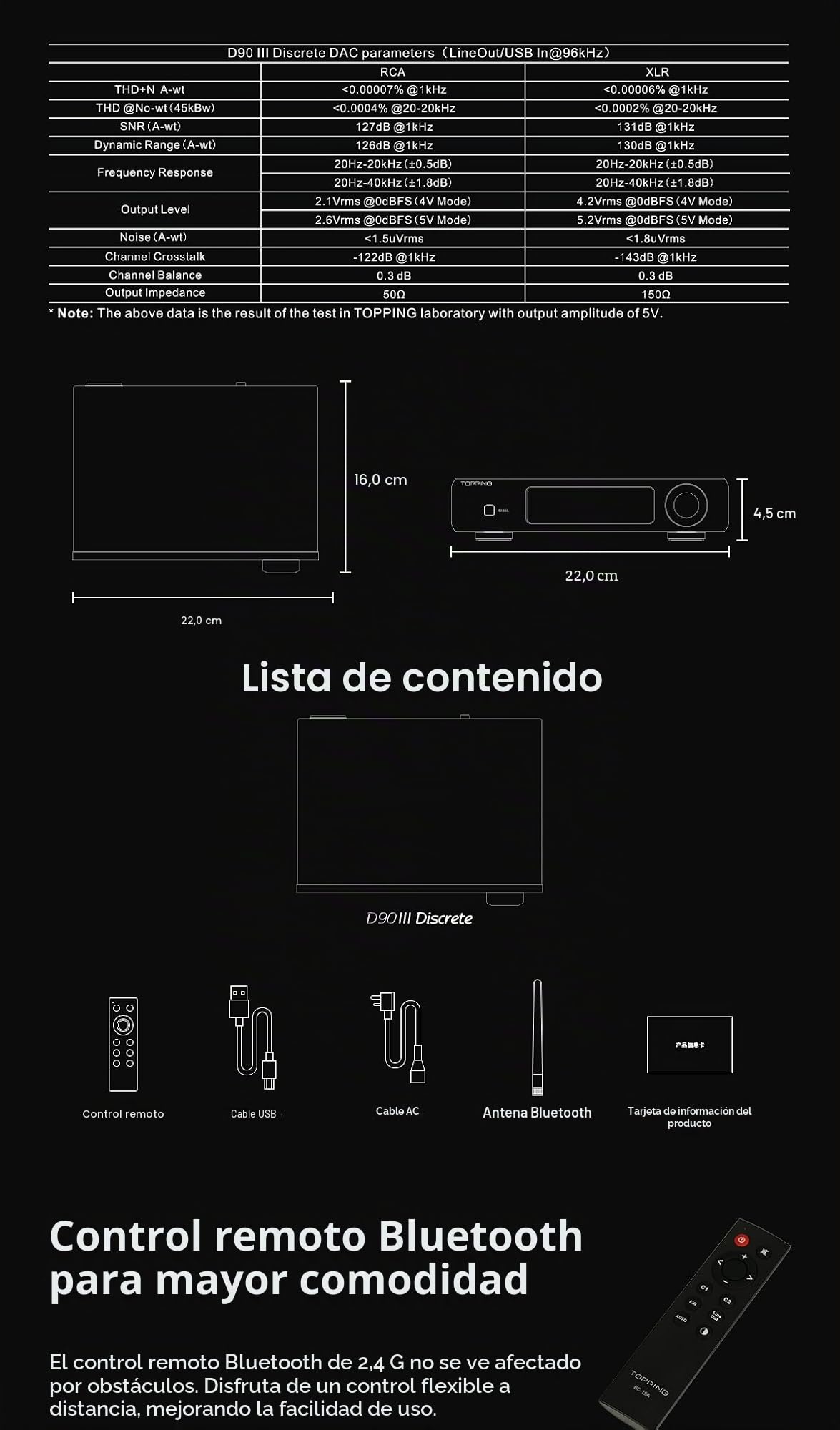 TOPPING D90 III Discreto HiFi DAC totalmente equilibrado - Soporte BT 5.1 Preamplificador de audio de escritorio con control remoto bluetooth (negro)