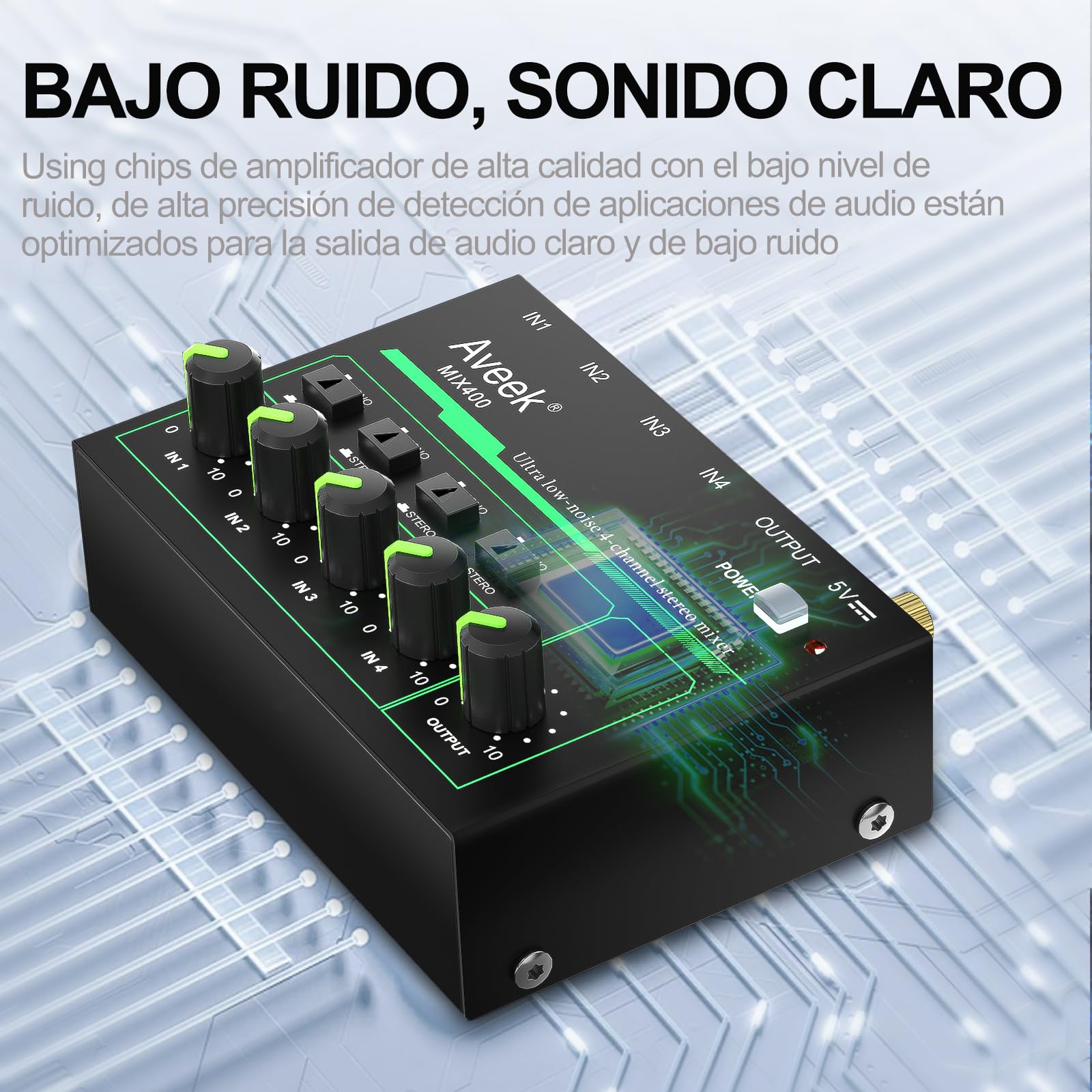 Aveek Mini Line Audio Mixer - Mezclador de Sonido de 4 Canales con Conmutación Estéreo/Mono y Funcionamiento con Poco Ruido para Submezclas de Precisión, Entrada/salida TRS de 1/4" Ideal para Micró
