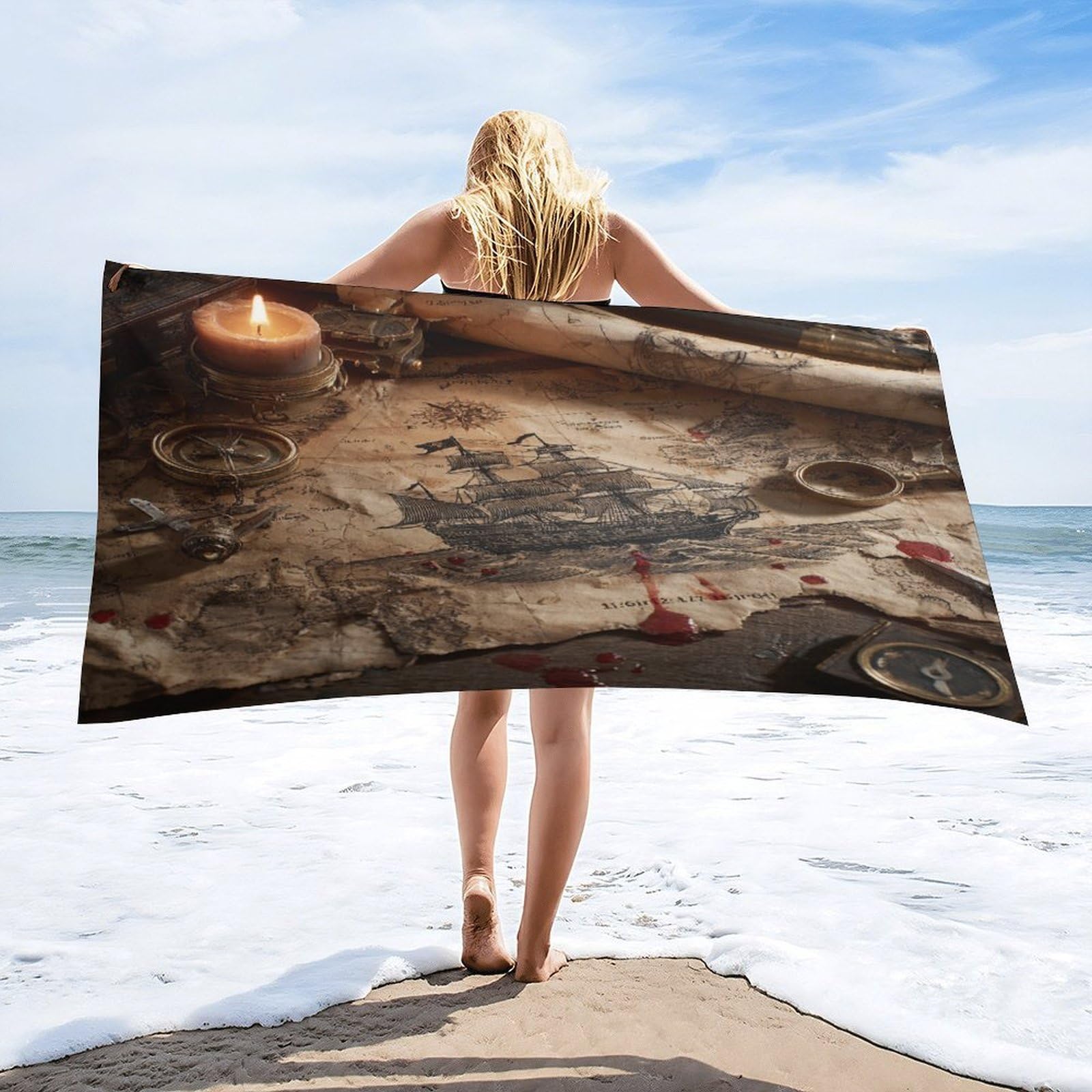 Luyysky Classic Vintage Old Map Absorbent Beach Towel, Rustic Aesthetic Mid Century Nautical Map Sailing Ship Compass Outdoor Single-Sided Velvet Beach Towel-80 W Cm X 160" L Cm