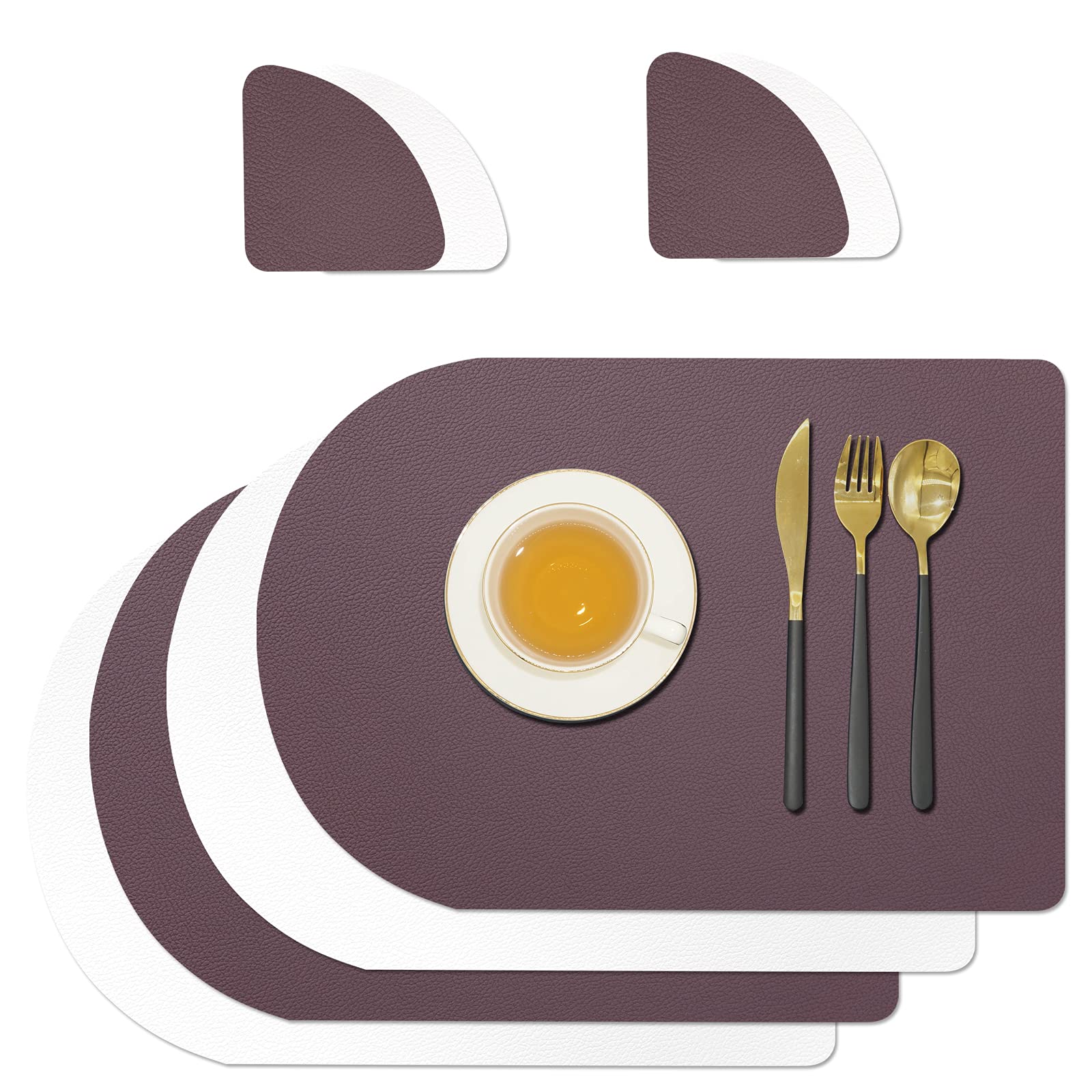 CARUI Faux Leather placemats Set of 4, Leather Placemats and Coasters Dining Table Heat Resistant Tablemats Stain Resistant Place Mats Waterproof Placemats Brown+white 16.93inch * 11.81inch