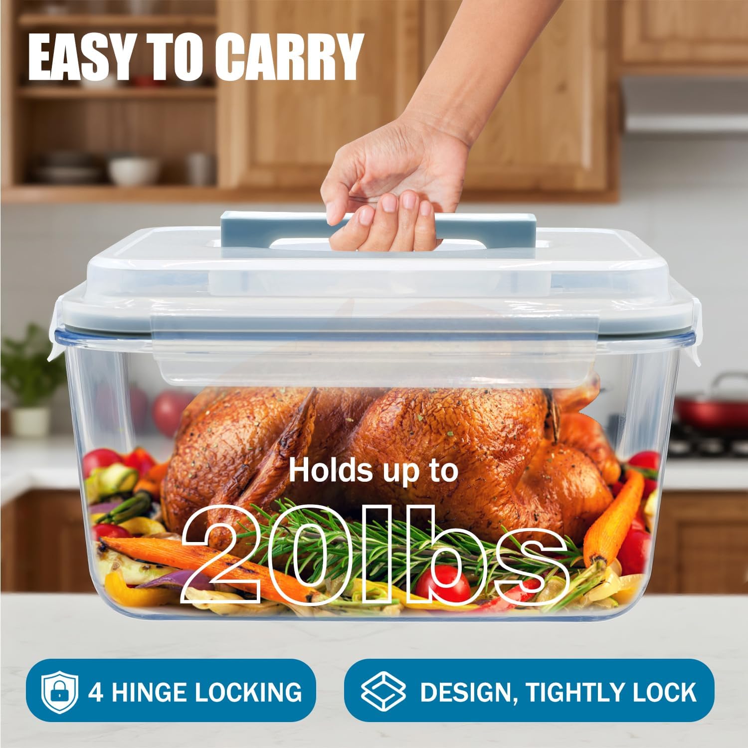 large glass storage containers with lids 201oz extra large big airtight glass food storage containers for rotisserie chicken watermelon leftovers marinade turkey, bpa free, dishwasher safe blue